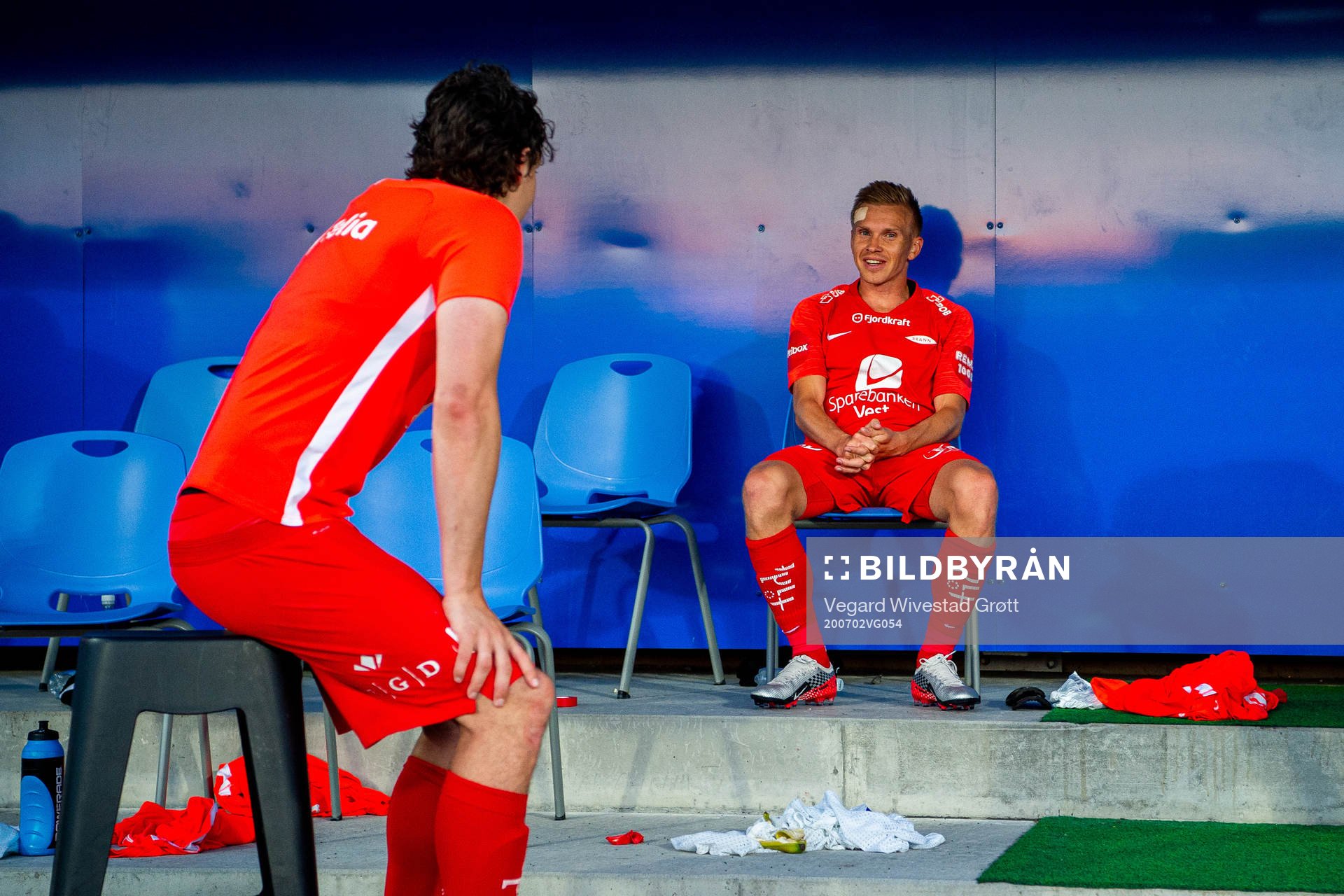 Vegard Forren and Taijo Teniste of Brann after the Eliteserien football match between Sarpsborg 08 and Brann on July 2, 2020 in Sarpsborg.