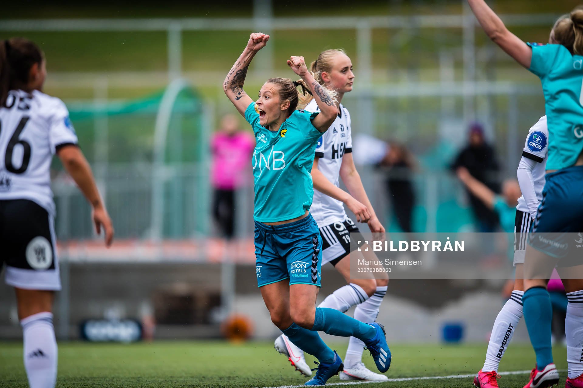 Mimmi Matilda Löfwenius Veum of LSK Kvinner celebrates after scoring the 0-1 goal during the Toppserien football match between Rosenborg and LSK Kvinner on July 3, 2020 in Trondheim.