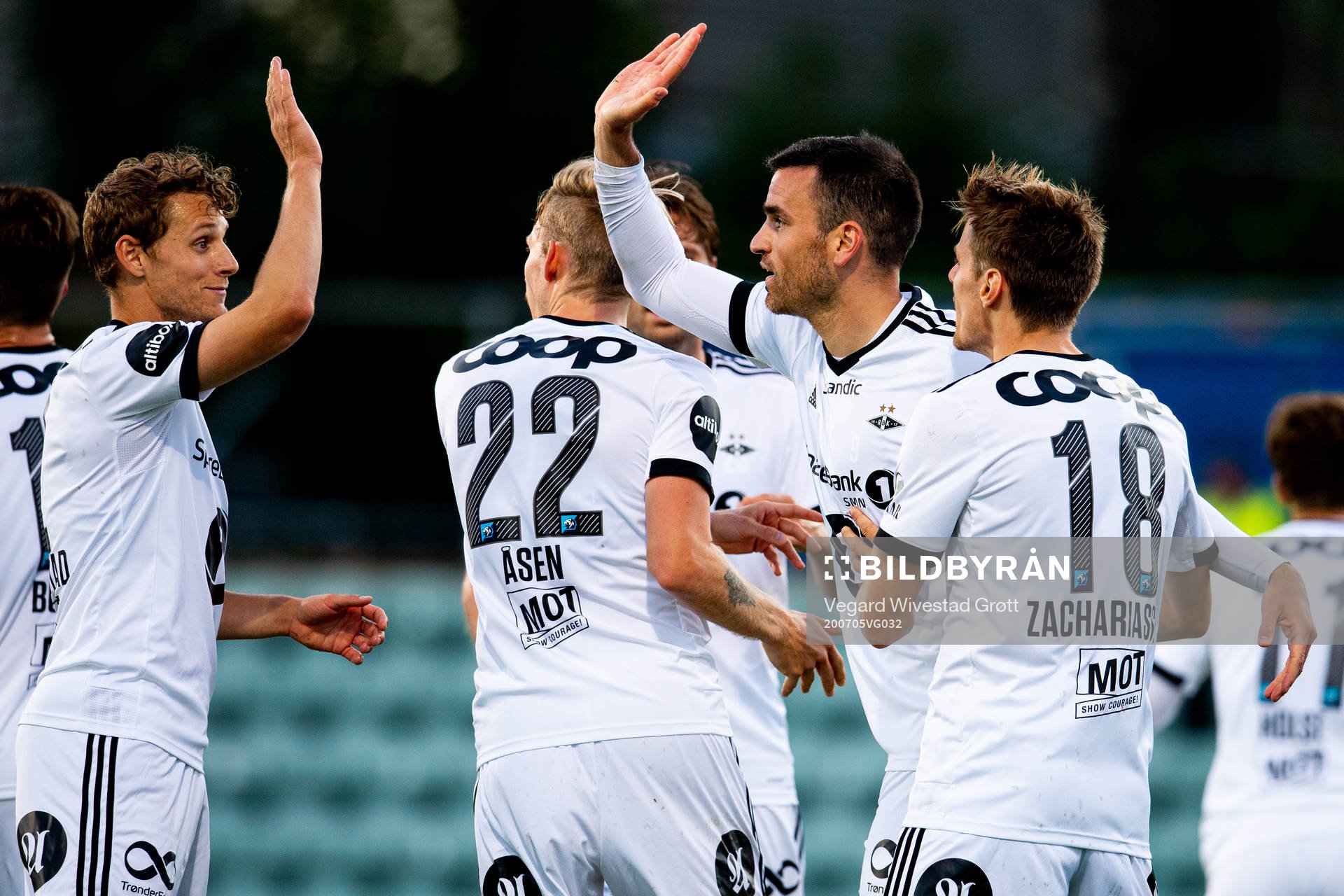 Dino Islamovic of Rosenborg celebrates with teammate Vegar Eggen Hedenstad after scoring 0-2 during the Eliteserien football match between Stabæk and Rosenborg on July 5, 2020 in Bærum.