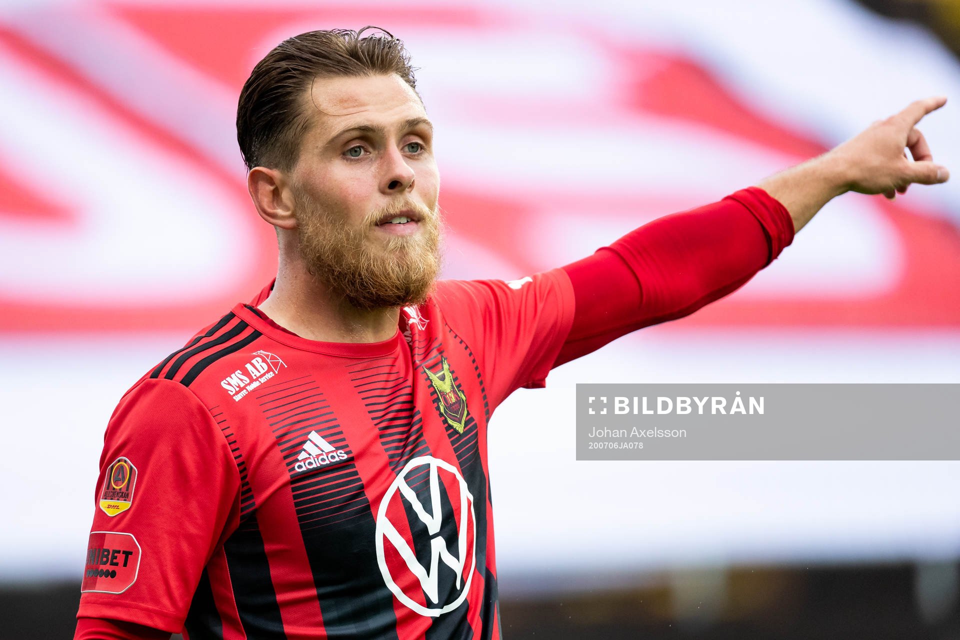 Östersunds Charlie Colkett  under fotbollsmatchen i Allsvenskan mellan Östersund och Mjällby den 6 juli 2020 i Östersund.