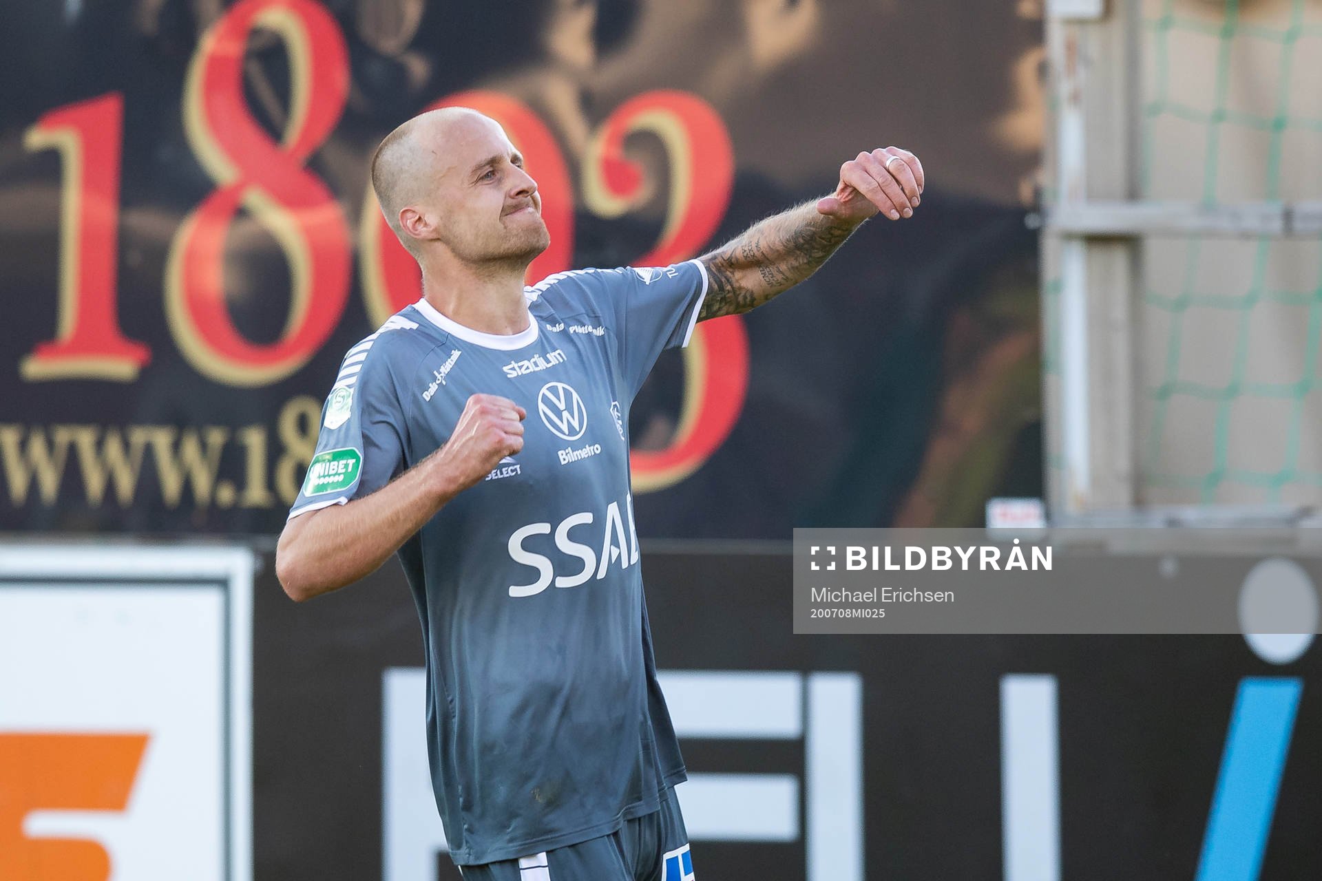 Brages Anton Lundin jublar efter sitt tredje mål till 1-3 under fotbollsmatchen i Superettan  mellan Ljungskile och Brage den 8 juli 2020 i Ljungskile.