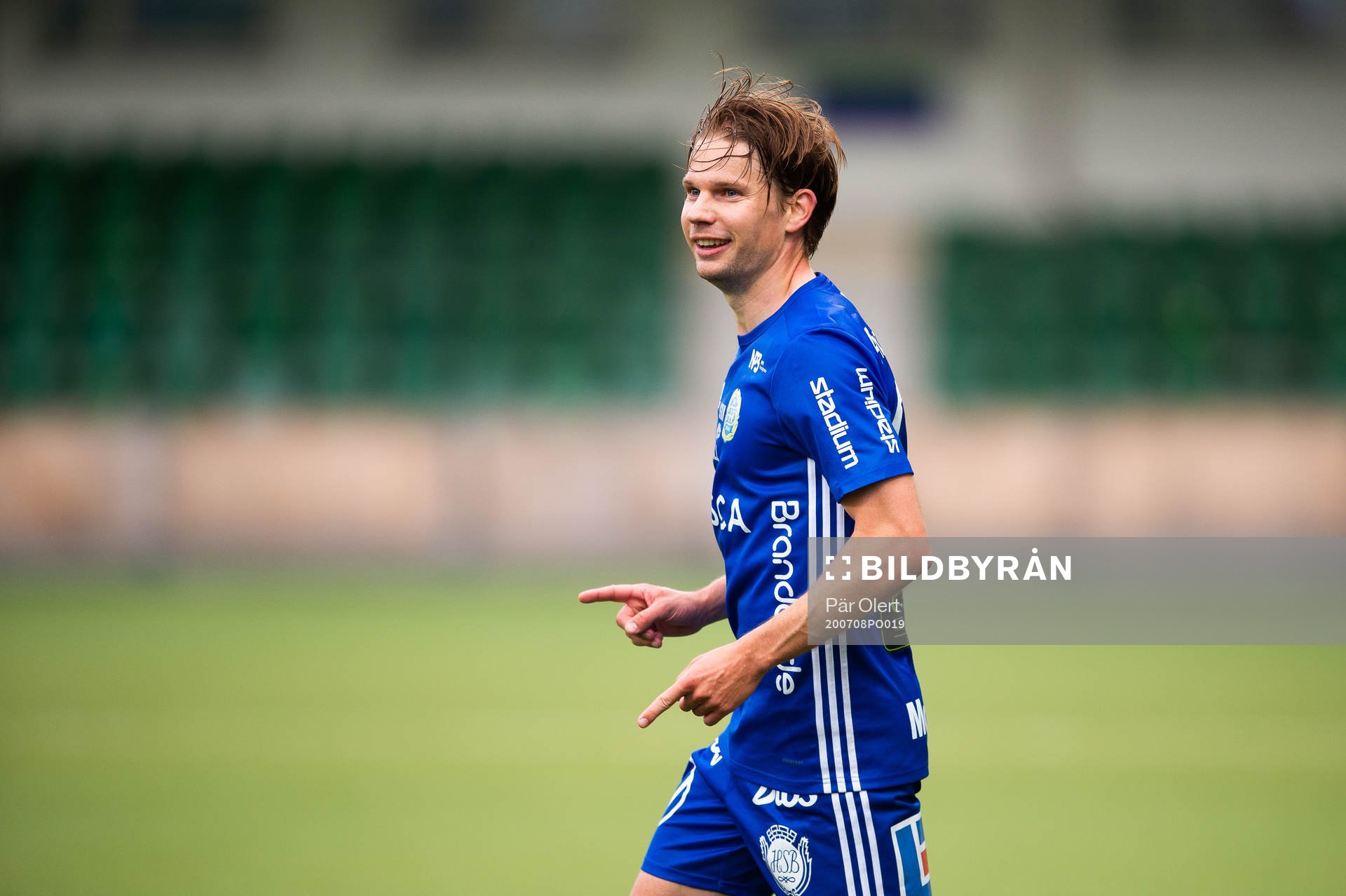 Sundsvalls Johan Blomberg jublar efter 2-1 under fotbollsmatchen i Superettan mellan GIF Sundsvall och Västerås SK den 8 juli 2020 i Sundsvall.