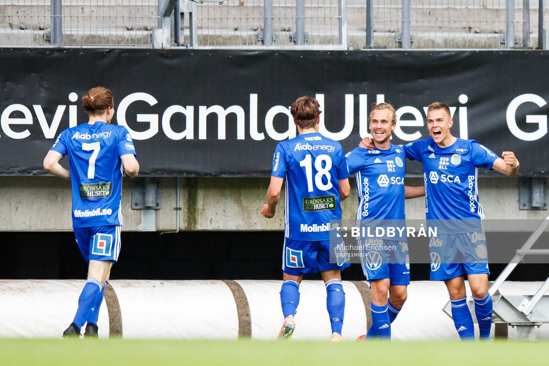 Sundsvalls spelare jublar efter 0-2 av Pontus Engblom under fotbollsmatchen i Superettan mellan Örgryte och GIF Sundsvall den 11 juli 2020 i Göteborg.