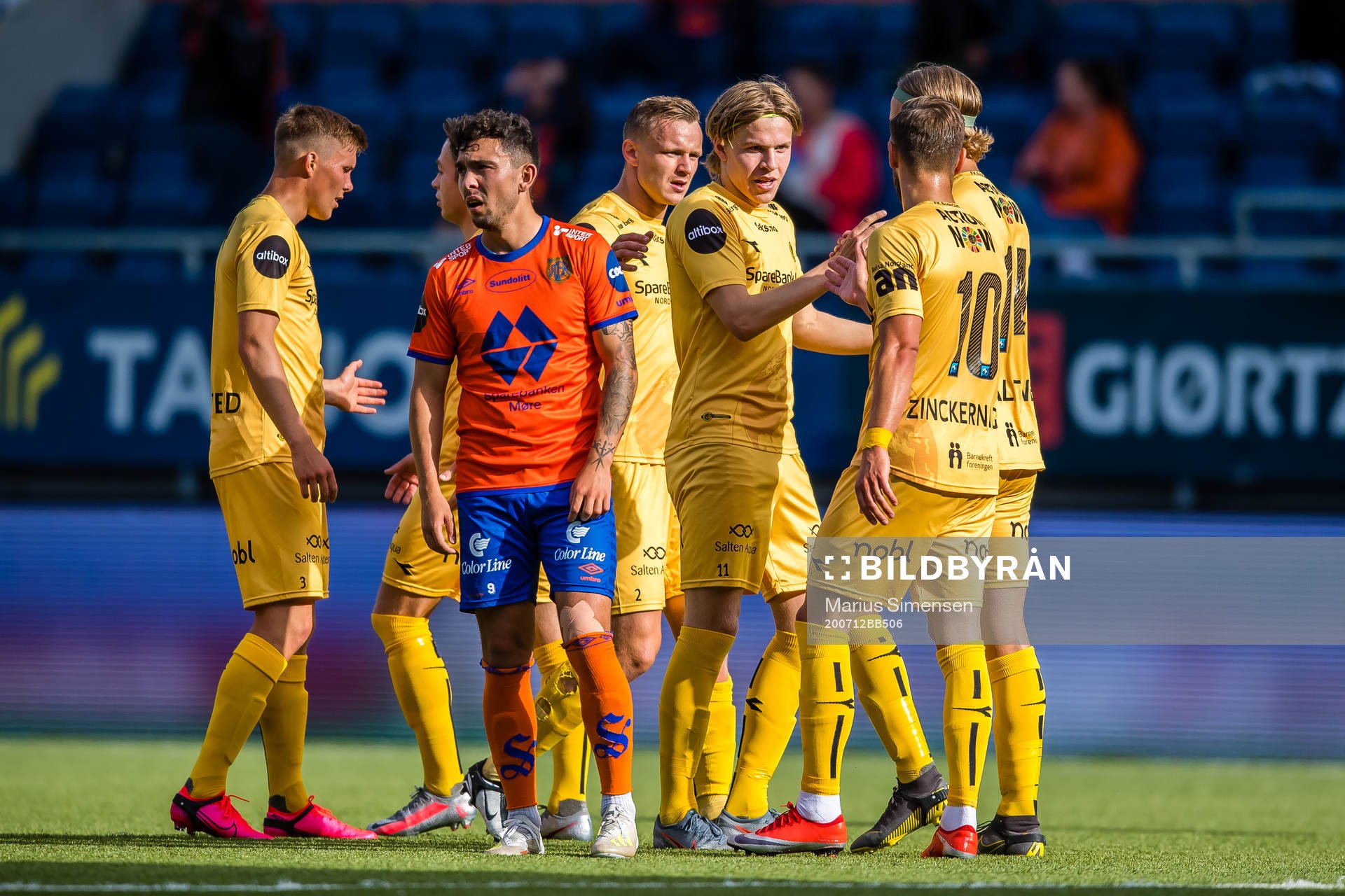 Jens Petter Hauge of Bodø/Glimt celebrates after scoring the 1-3 goal during the Eliteserien match between Aalesund and Bodø/Glimt on July 12, 2020 in Ålesund.