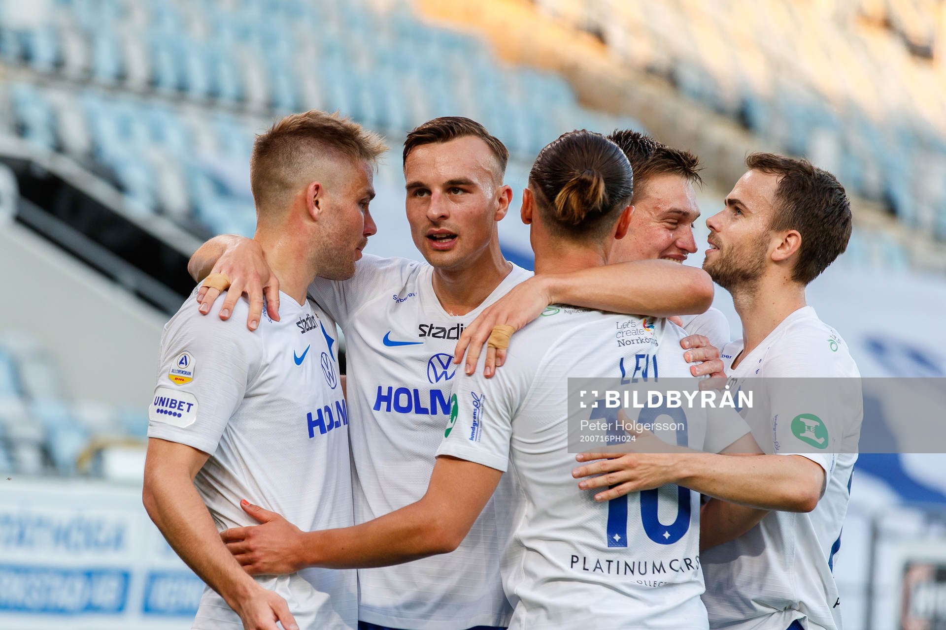 IFK Norrköpings Christoffer Nyman, Henrik Castegren och Andreas Blomqvist jublar efter 2-0 under fotbollsmatchen i Allsvenskan mellan IFK Norrköping och Örebro den 16 juli 2020 i Norrköping.