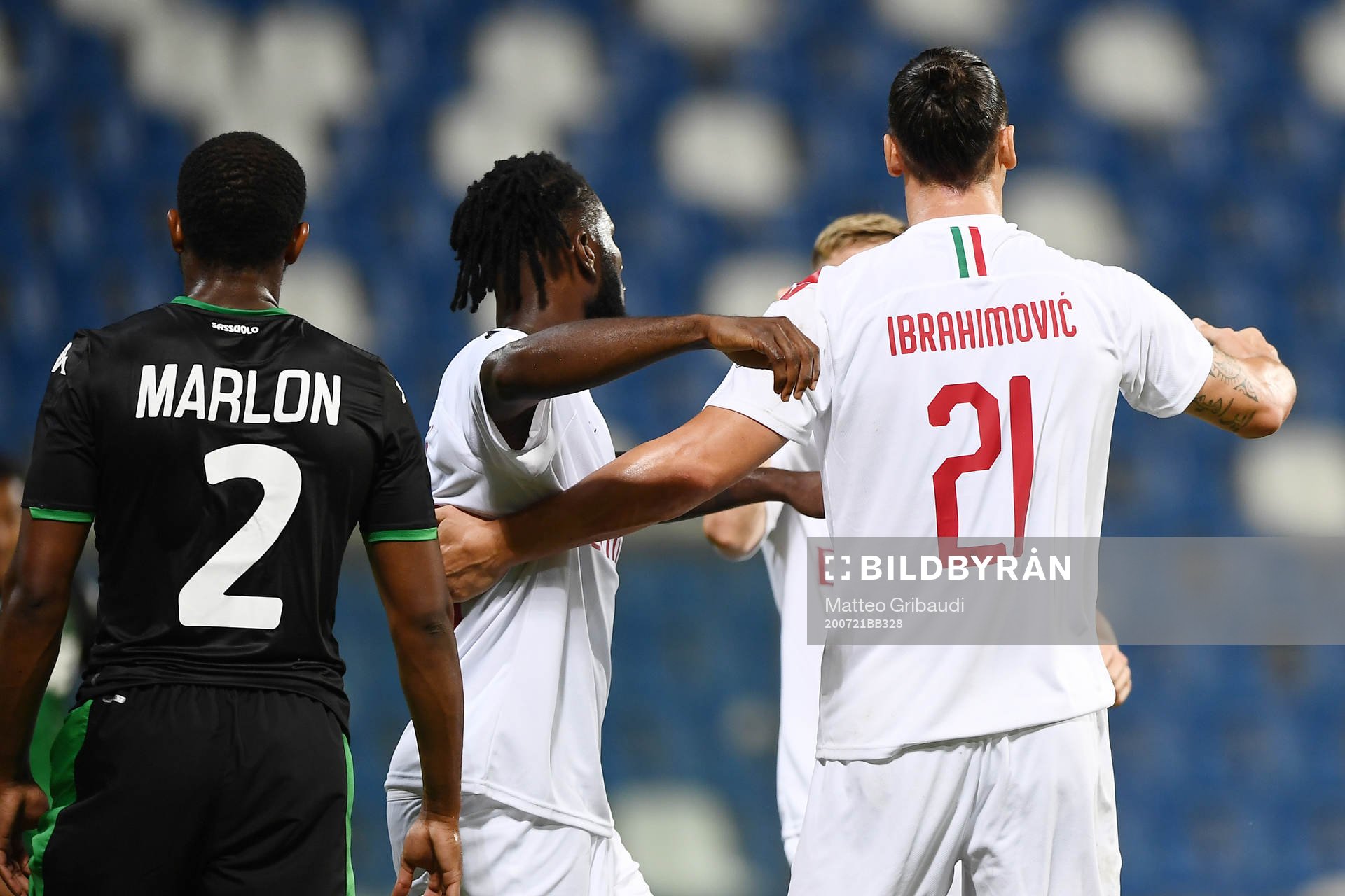 Zlatan Ibrahimovic of AC Milan celebrates with team mates