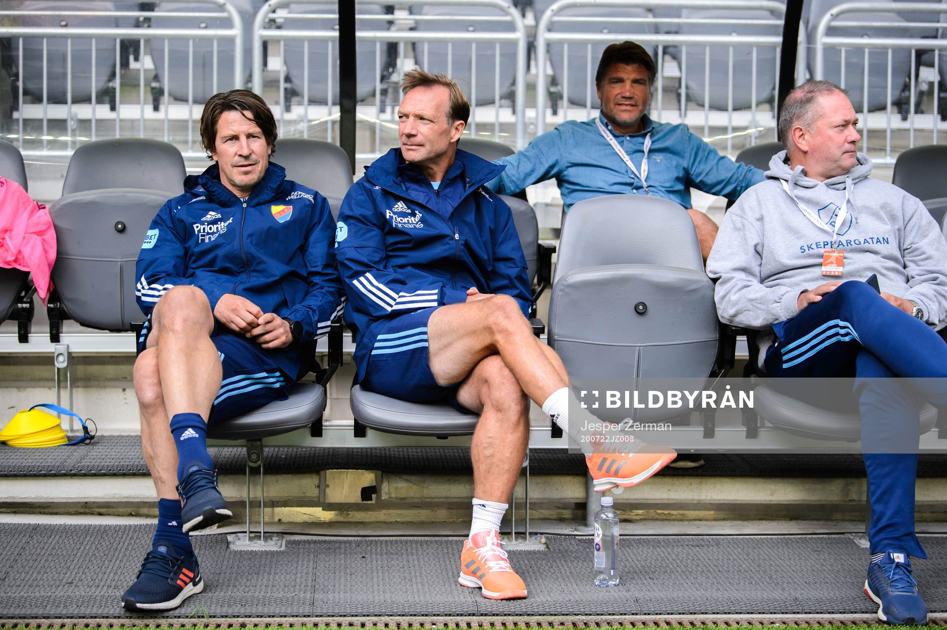 Djurgårdens tränare Kim Bergstrand, Thomas Lagerlöf och sportchef Bosse Andersson inför fotbollsmatchen i Allsvenskan mellan Djurgården och Östersund den 22 juli 2020 i Stockholm.