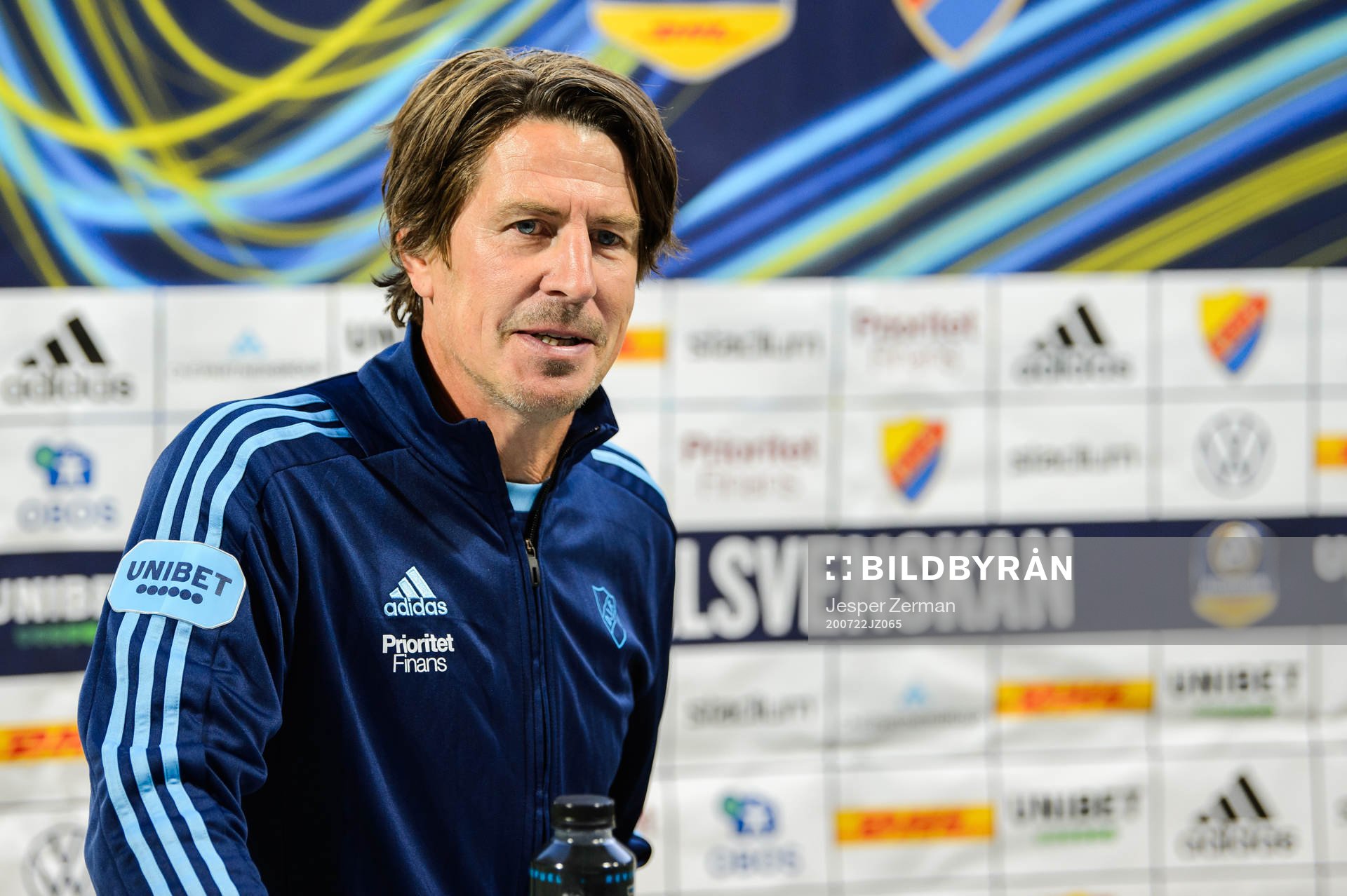 Djurgårdens tränare Thomas Lagerlöf under en presskonferens efter fotbollsmatchen i Allsvenskan mellan Djurgården och Östersund den 22 juli 2020 i Stockholm.