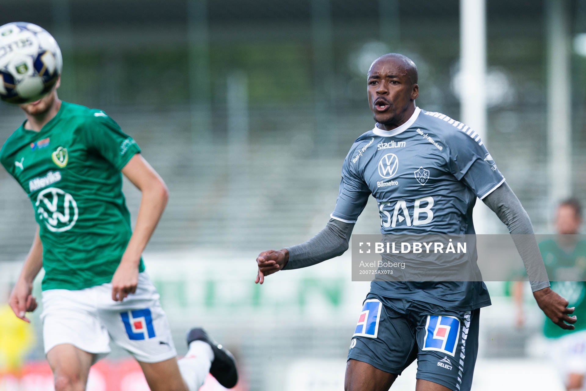 Brages Bantu Mzwakali under fotbollsmatchen i Superettan mellan Jönköpings Södra och Brage den 25 juli 2020 i Jönköping.