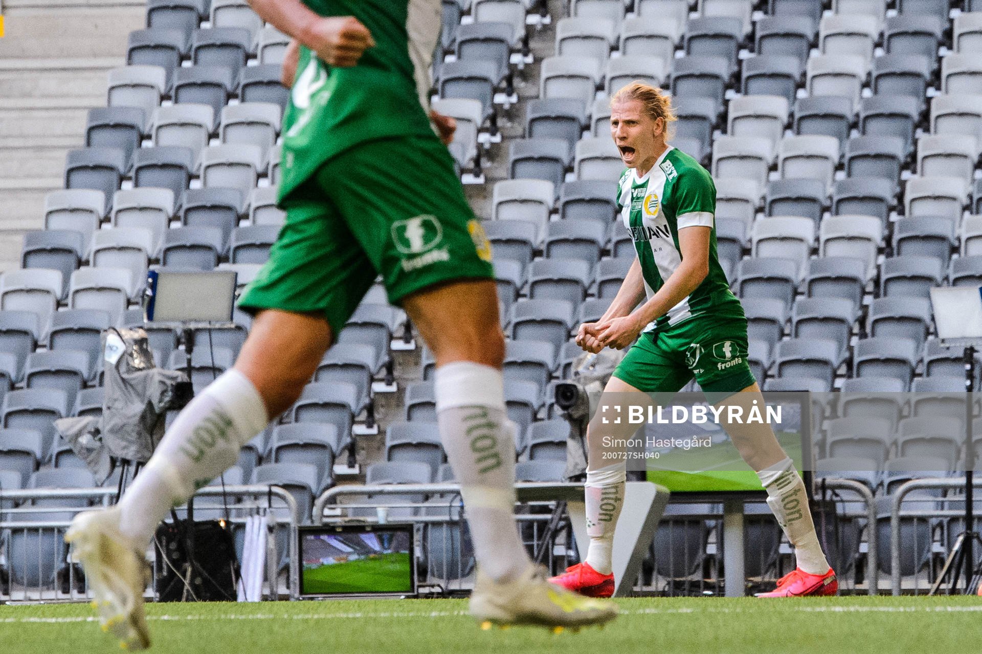 Hammarbys Gustav Ludwigson jublar efter 1-0  under fotbollsmatchen i Allsvenskan mellan Hammarby och Örebro den 27 juli 2020 i Stockholm.