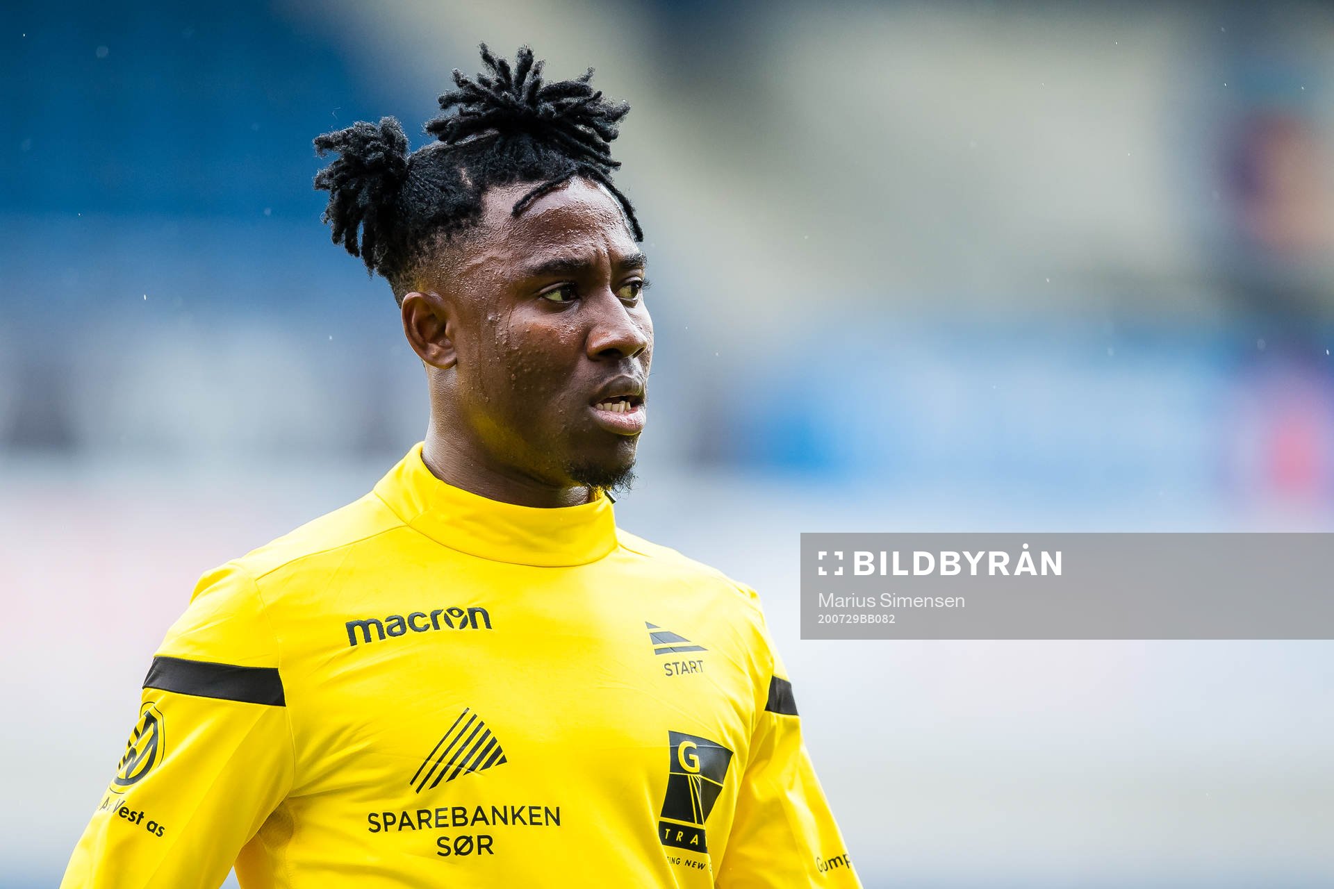 Isaac Twum of Start during warm-up ahead of the Eliteserien match between Aalesund and Start on July 29, 2020 in Ålesund.