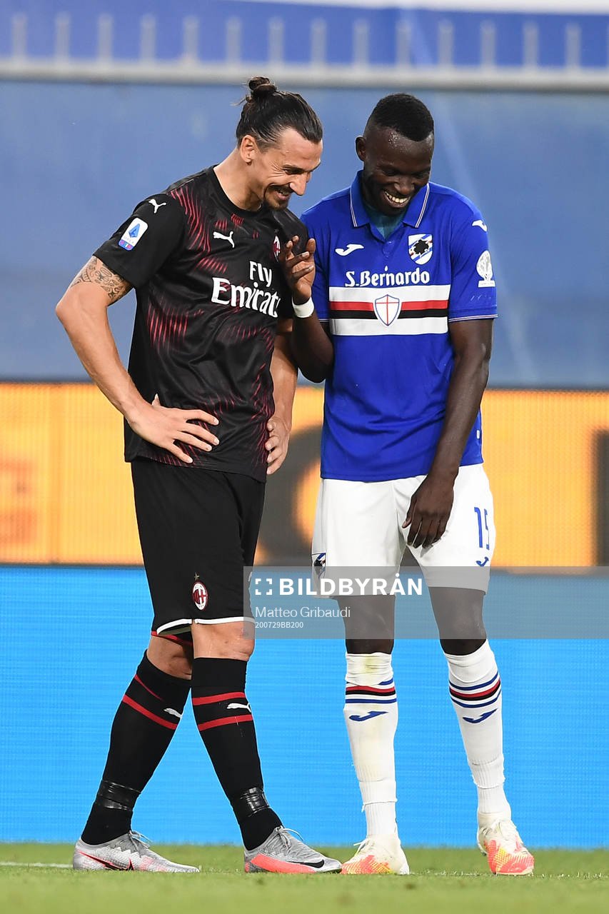Zlatan Ibrahimovic of AC Milan and Omar Colley of Sampdoria
