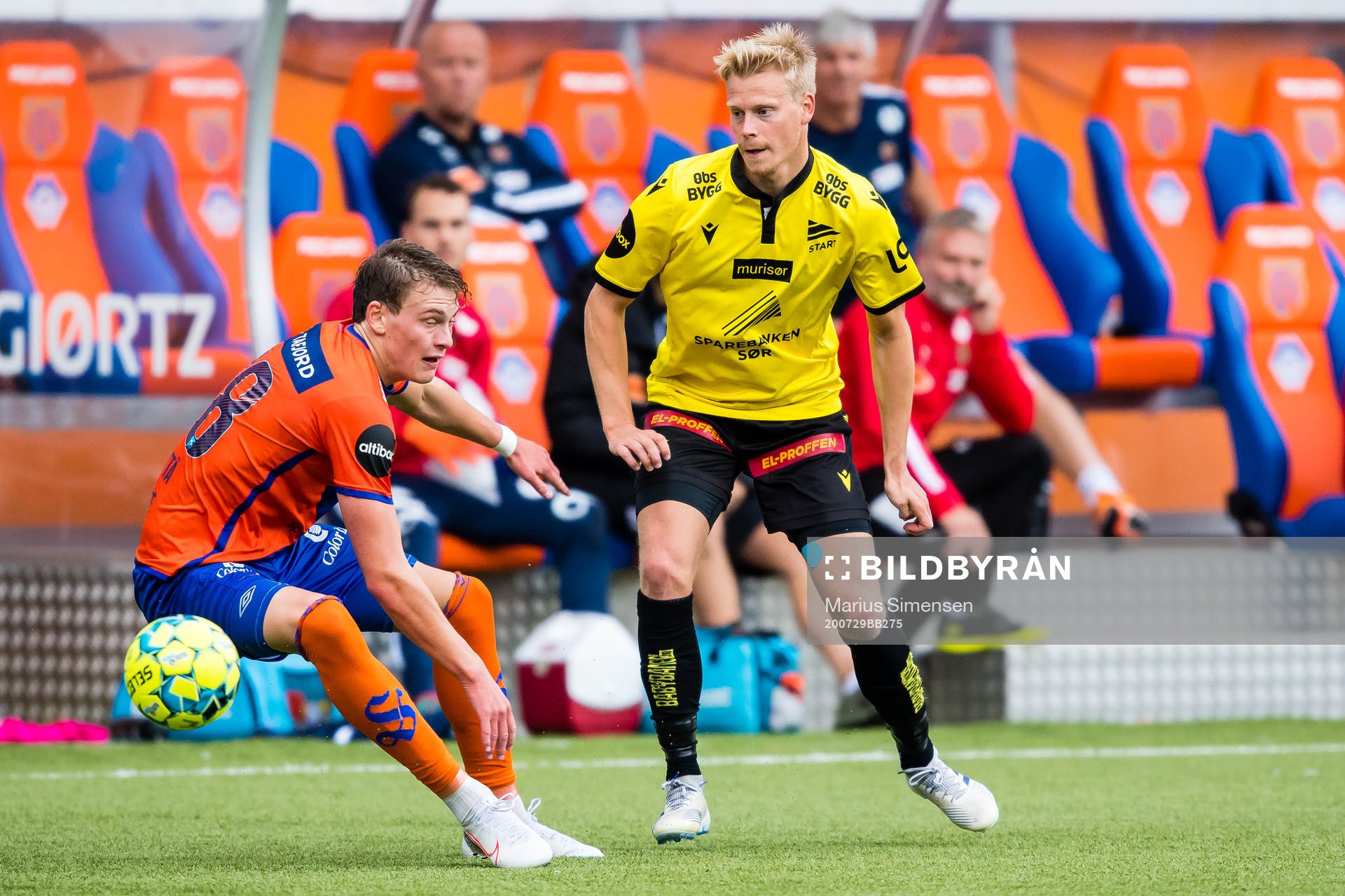 Isak Dybvik Määttä of Aalesund and Eirik Wilberg Schulze of Start during the Eliteserien match between Aalesund and Start on July 29, 2020 in Ålesund.