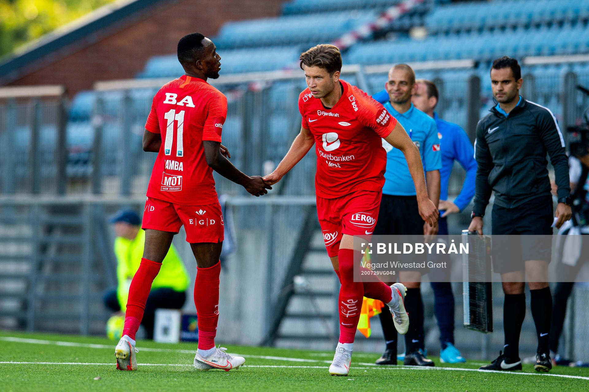 Daouda Bamba of Brann is being substituted with teammate Erlend Hustad during the Eliteserien football match between Strømsgodset and Brann on July 29, 2020 in Drammen.