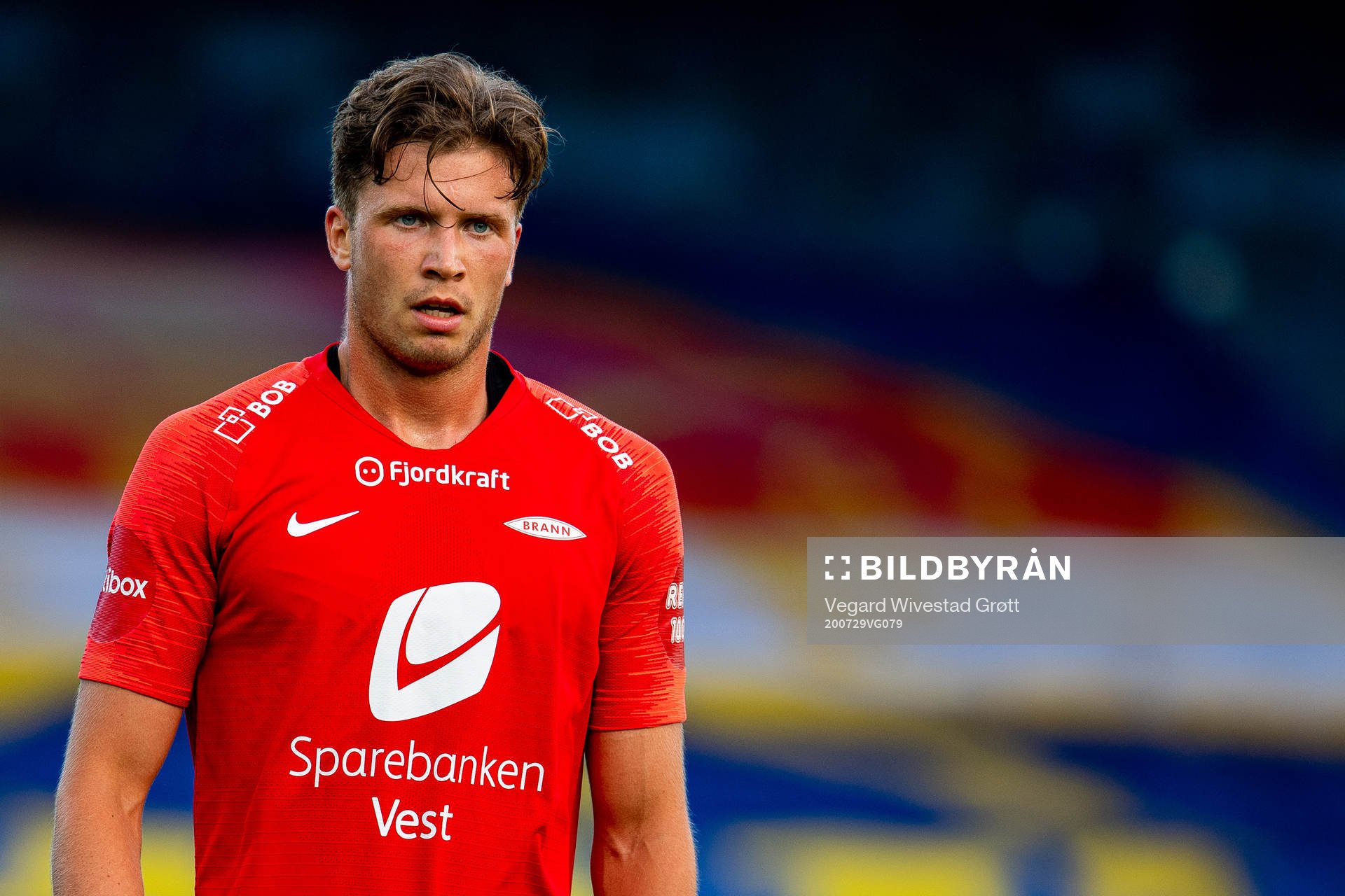 Erlend Hustad of Brann during the Eliteserien football match between Strømsgodset and Brann on July 29, 2020 in Drammen.