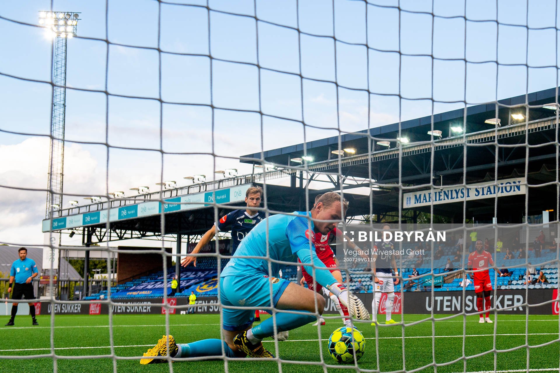 Goalkeeper Viljar Myhra of Strømsgodset makes a save