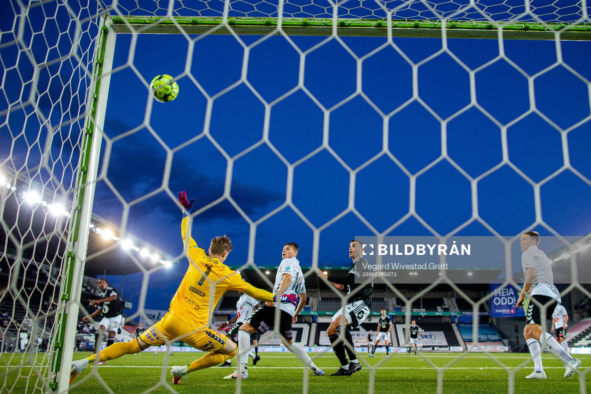 Emil Ceide of Rosenborg hits the crossbar behind goalkeeper