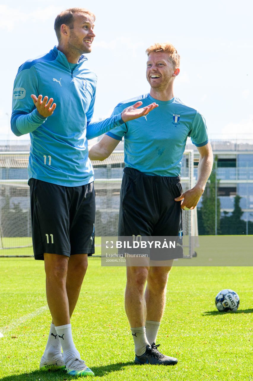 Ola Toivonen och Anders Christiansen under en träning med Malmö FF den 4 augusti 2020 i Malmö.