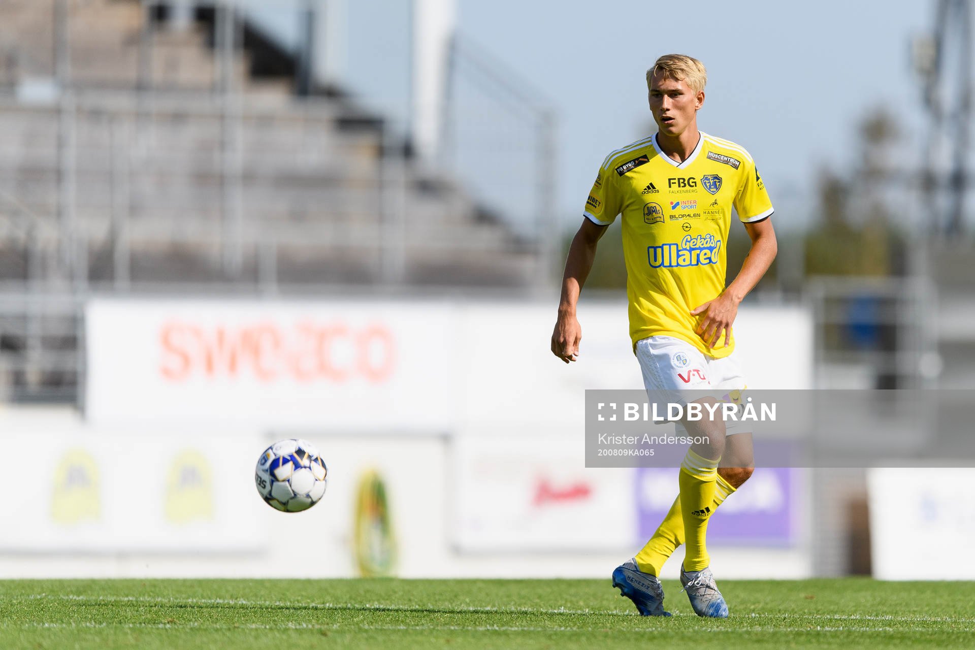 Falkenbergs Ludvig Johansson under fotbollsmatchen i Allsvenskan mellan Falkenberg och Malmö FF den 9 augusti 2020 i Falkenberg.