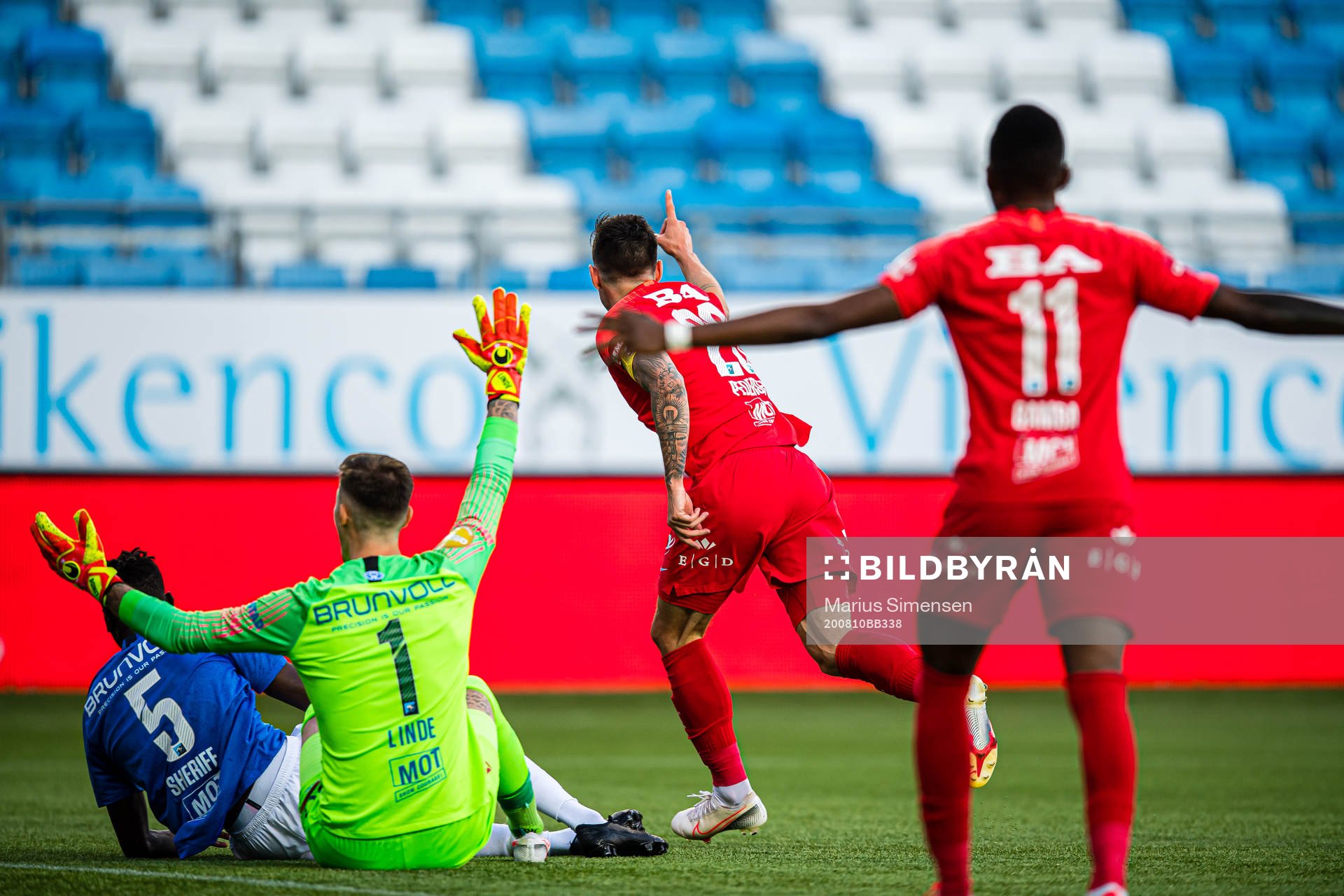 Daniel Alexander Pedersen of Brann celebrates after scoring the 0-1 goal during the Eliteserien match between Molde and Brann on August 10, 2020 in Molde.