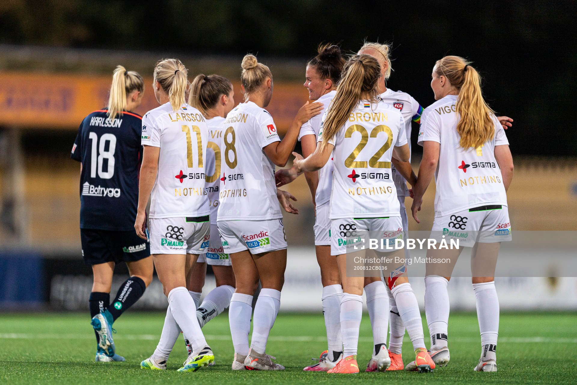 Rosengårds spelare jublar efter 7-1 under fotbollsmatchen i Damallsvenskan mellan FC Rosengård och Linköping den 12 augusti 2020 i Malmö.