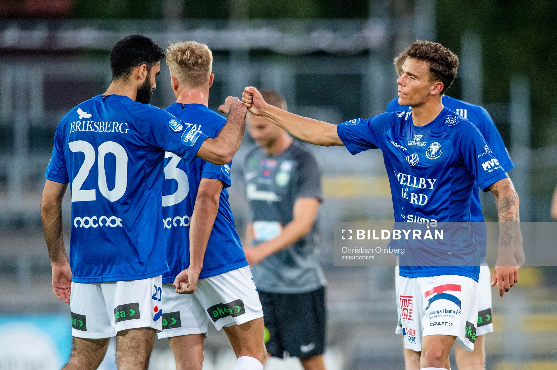Trelleborgs Mouhammed Ali Dhaini och Herman Hallberg jublar efter vinsten i fotbollsmatchen i Superettan  mellan Trelleborg och Västerås SK den 12 augusti 2020 i Trelleborg.