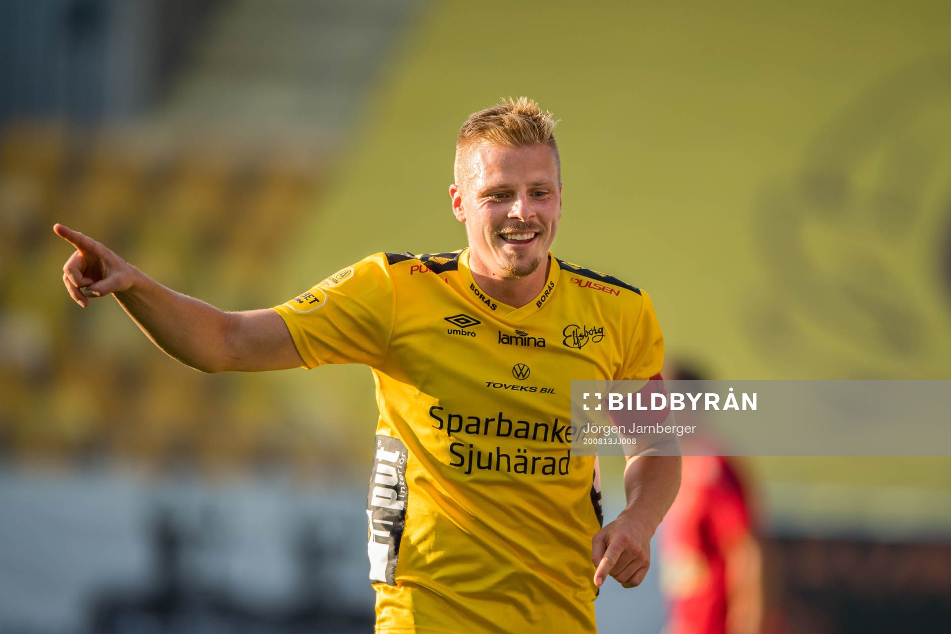 Elfsborgs Per Frick jublar efter 4-0 målet under fotbollsmatchen i Allsvenskan mellan Elfsborg och Falkenberg den 13 augusti 2020 i Borås.