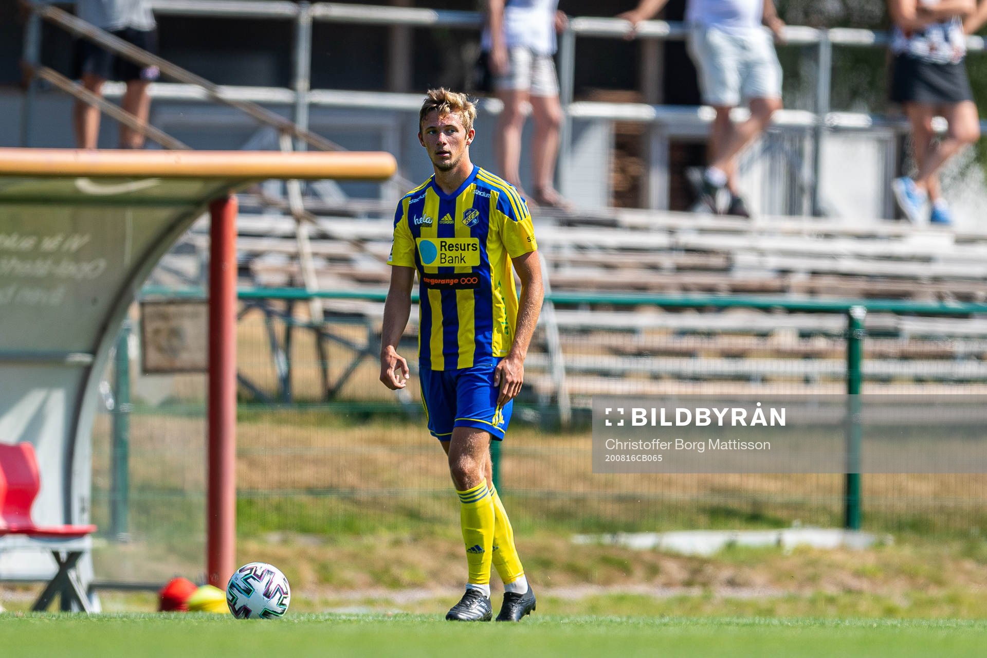 Eskilsminnes Carl Thulin under fotbollsmatchen i Division 1 södra mellan Eskilsminne och Assyriska den 16 augusti 2020 i Helsingborg.