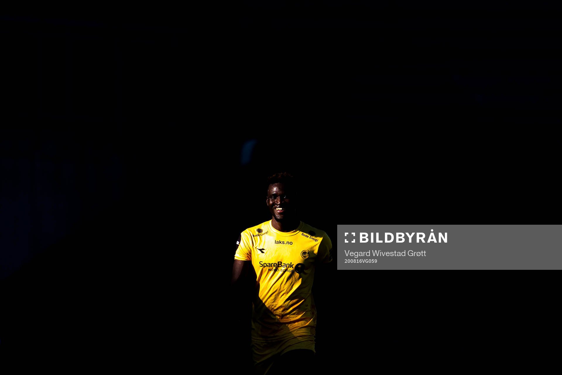 Viktor Boniface of Bodø/Glimt celebrates after scoring 0-1 during the Eliteserien football match between Sandefjord and Bodø/Glimt on August 16, 2020 in Sandefjord.
