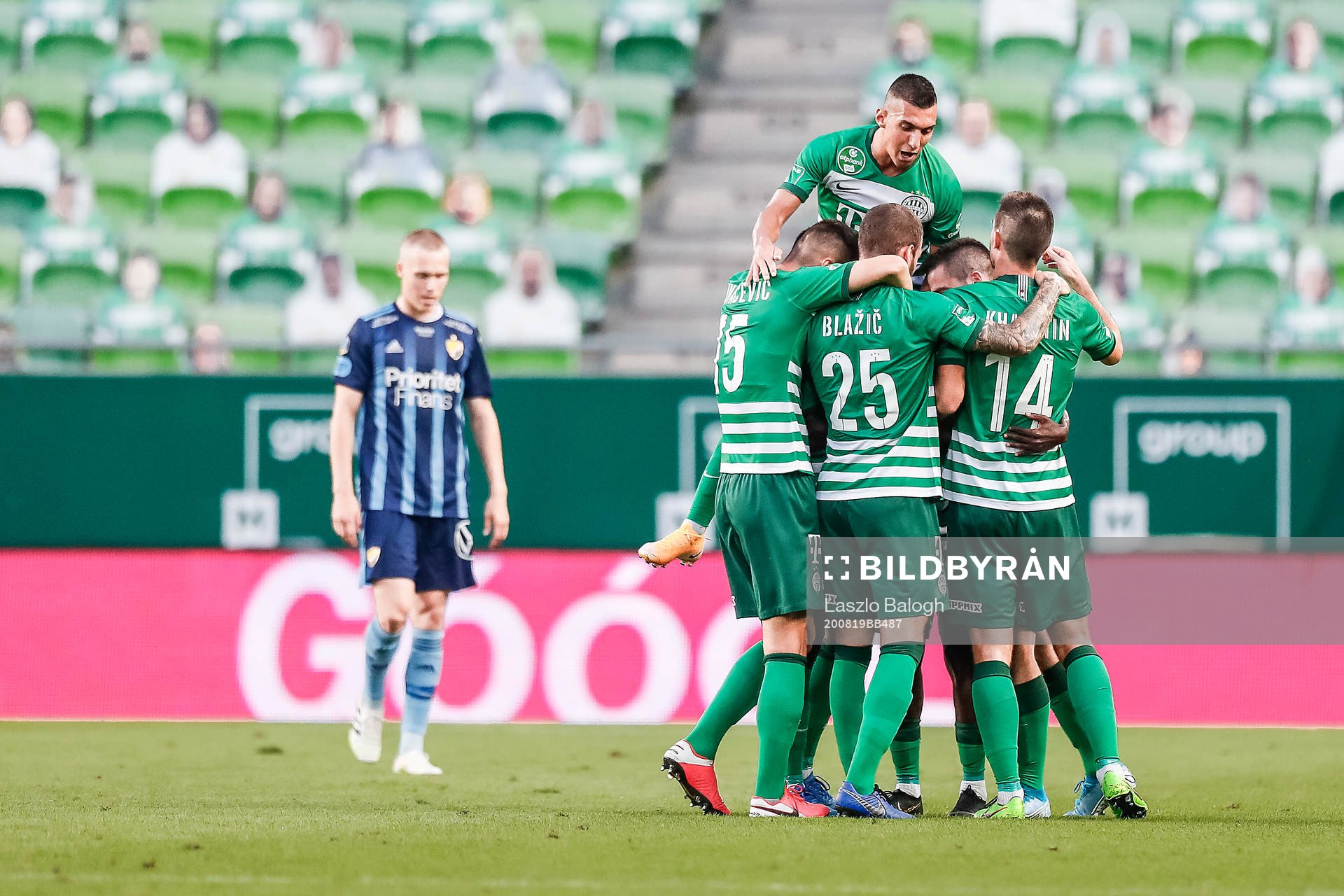 Players of Ferencvaros celebrate after 1-0 during the UEFA Champions League qualifying match between Ferencvaros and Djurgården on August 19, 2020 in Budapest.
