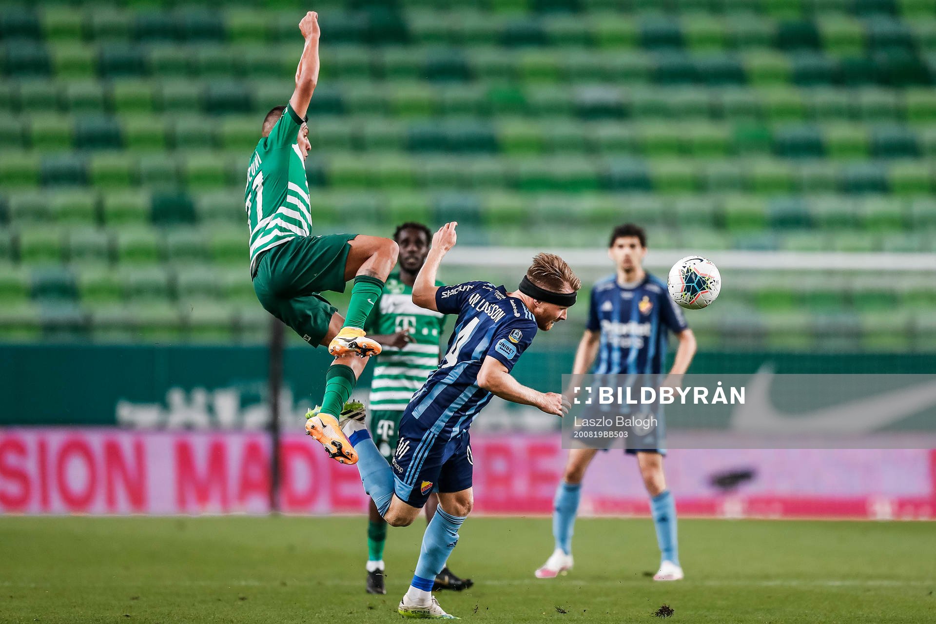 Myrto Uzuni of Ferencvaros and Jacob Une Larsson of Djurgården during the UEFA Champions League qualifying match between Ferencvaros and Djurgården on August 19, 2020 in Budapest.