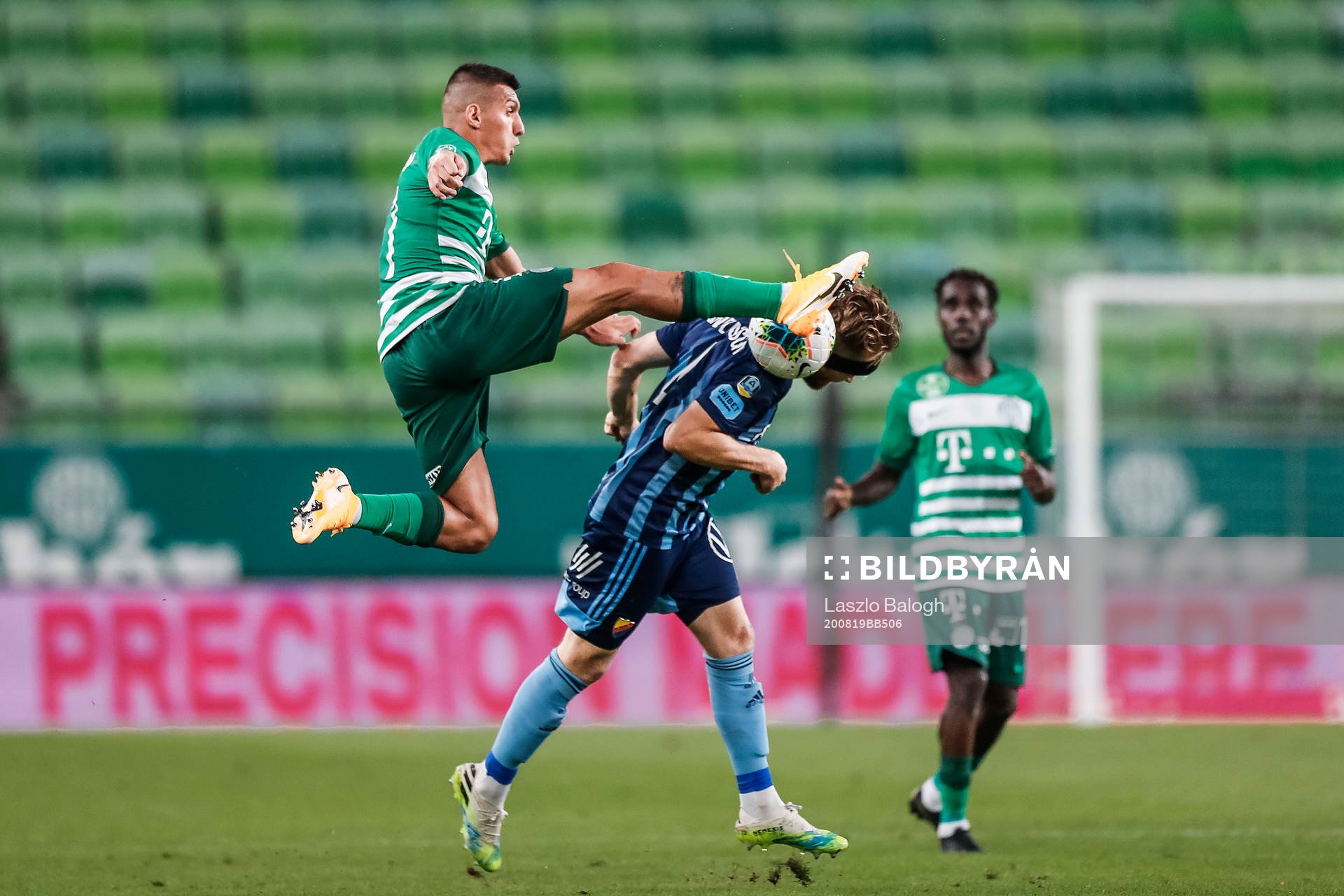 Myrto Uzuni of Ferencvaros and Jacob Une Larsson of Djurgården during the UEFA Champions League qualifying match between Ferencvaros and Djurgården on August 19, 2020 in Budapest.