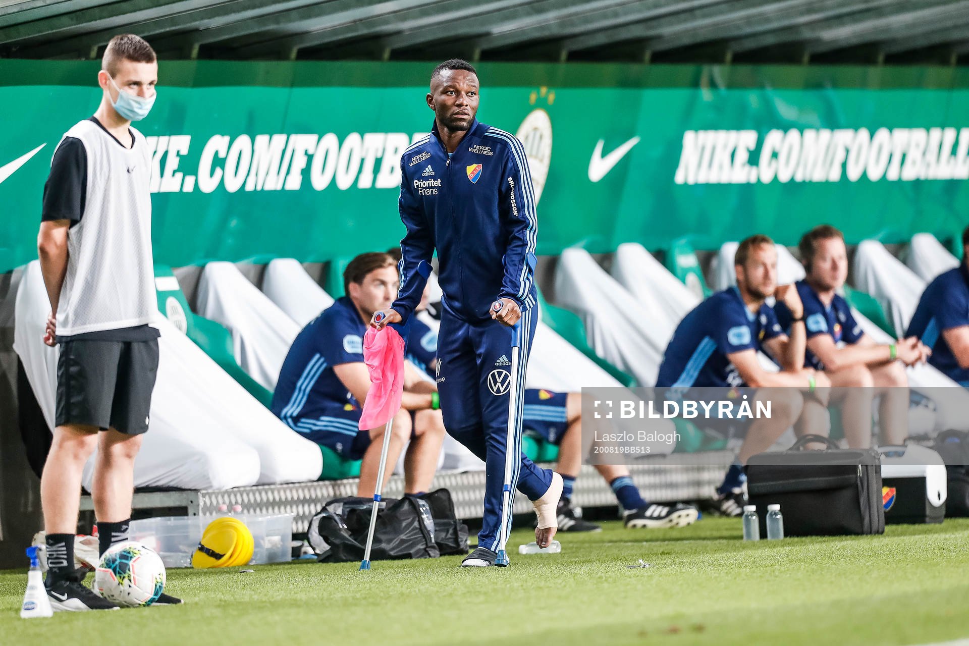 Emmanuel Banda of Djurgården after his injury during the UEFA Champions League qualifying match between Ferencvaros and Djurgården on August 19, 2020 in Budapest.
