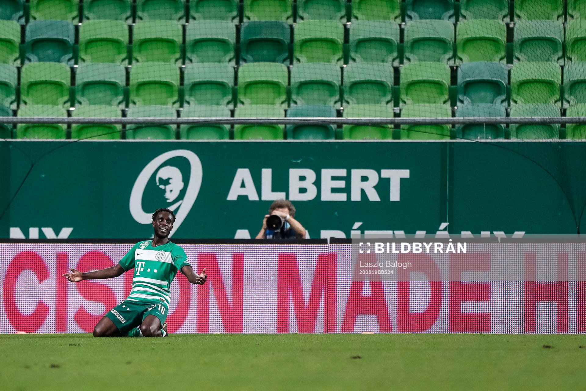Tokmac Chol Nguen of Ferencvaros celebrates after scoring 2-0 during the UEFA Champions League qualifying match between Ferencvaros and Djurgården on August 19, 2020 in Budapest.