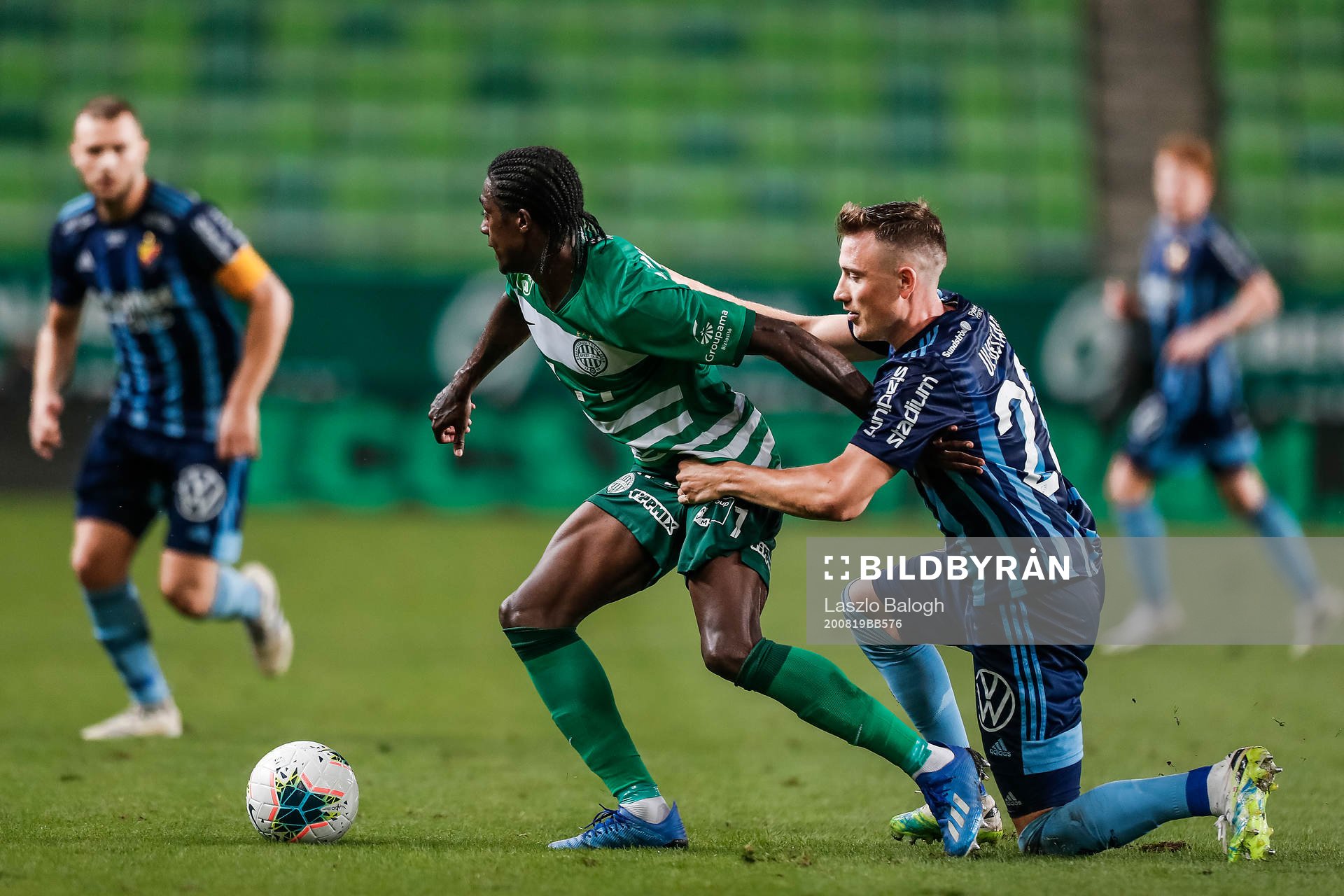 Somalia of Ferencvaros and Fredrik Ulvestad of Djurgården during the UEFA Champions League qualifying match between Ferencvaros and Djurgården on August 19, 2020 in Budapest.