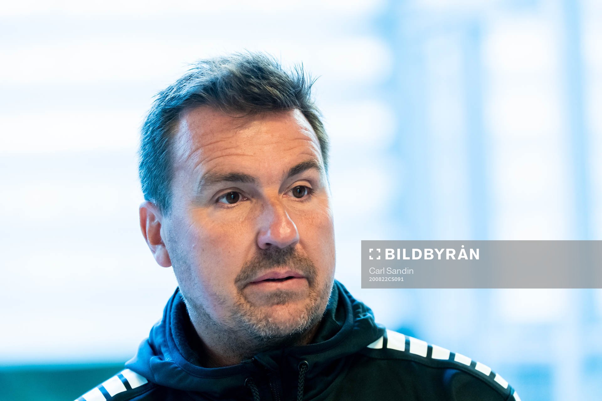 GAIS tränare Stefan Jacobsson blir intervjuad efter fotbollsmatchen i Superettan  mellan GAIS och Örgryte den 22 augusti 2020 i Göteborg.