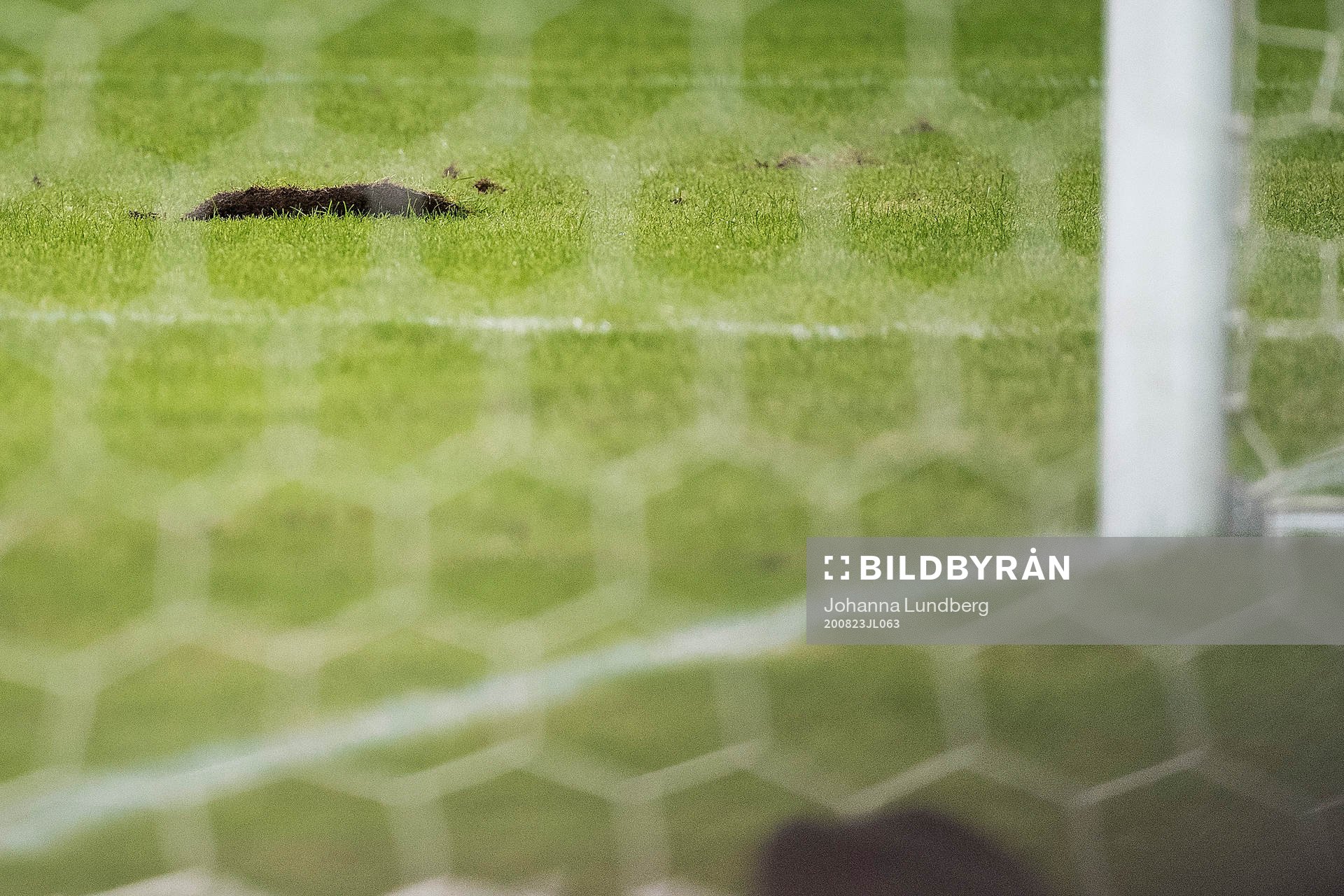 En grästuva på planen under fotbollsmatchen i Allsvenskan mellan AIK och Helsingborg den 23 augusti 2020 i Stockholm.