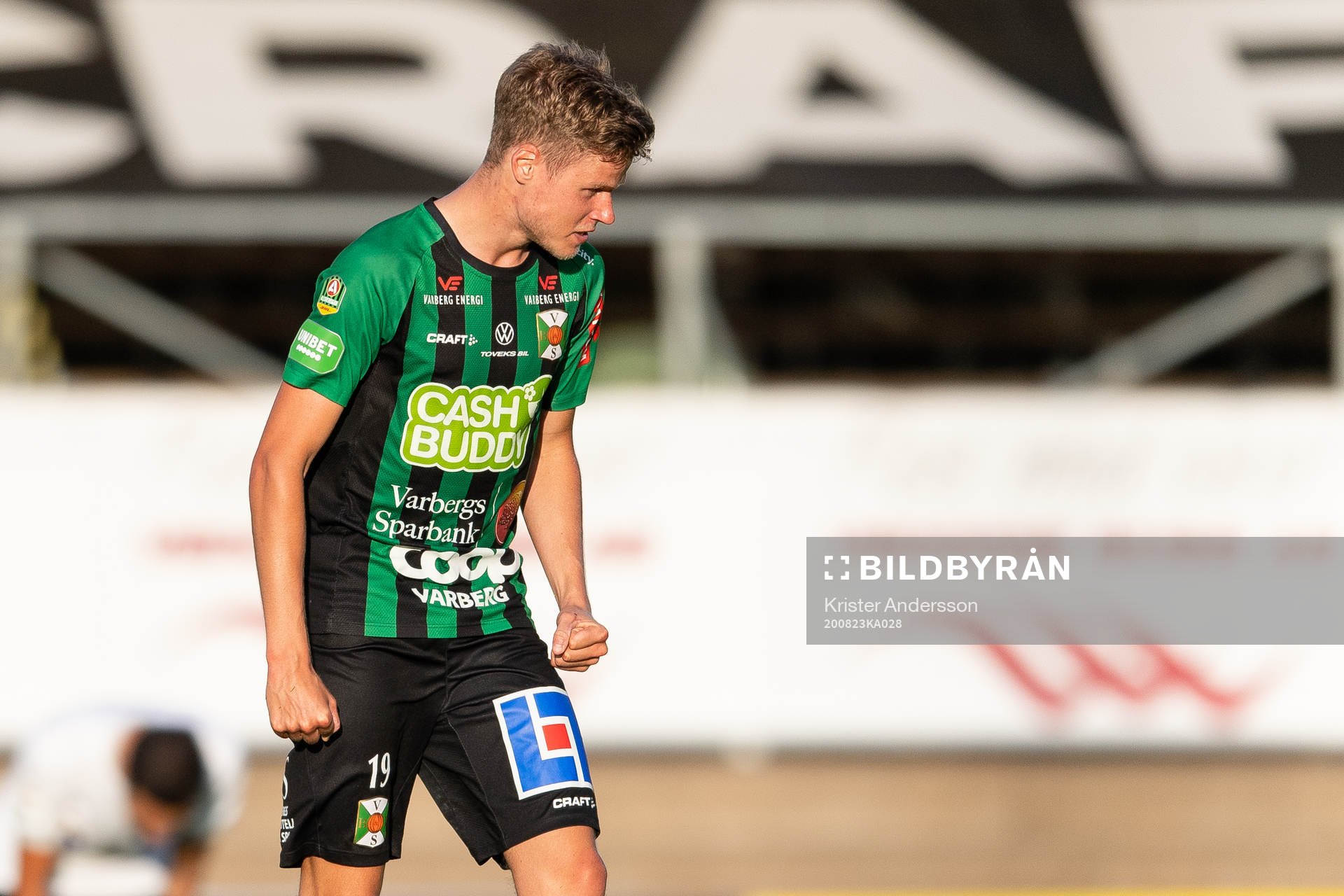 Varbergs Gustav Norlin jublar efter fotbollsmatchen i Allsvenskan mellan Varberg och Örebro den 23 augusti 2020 i Varberg.