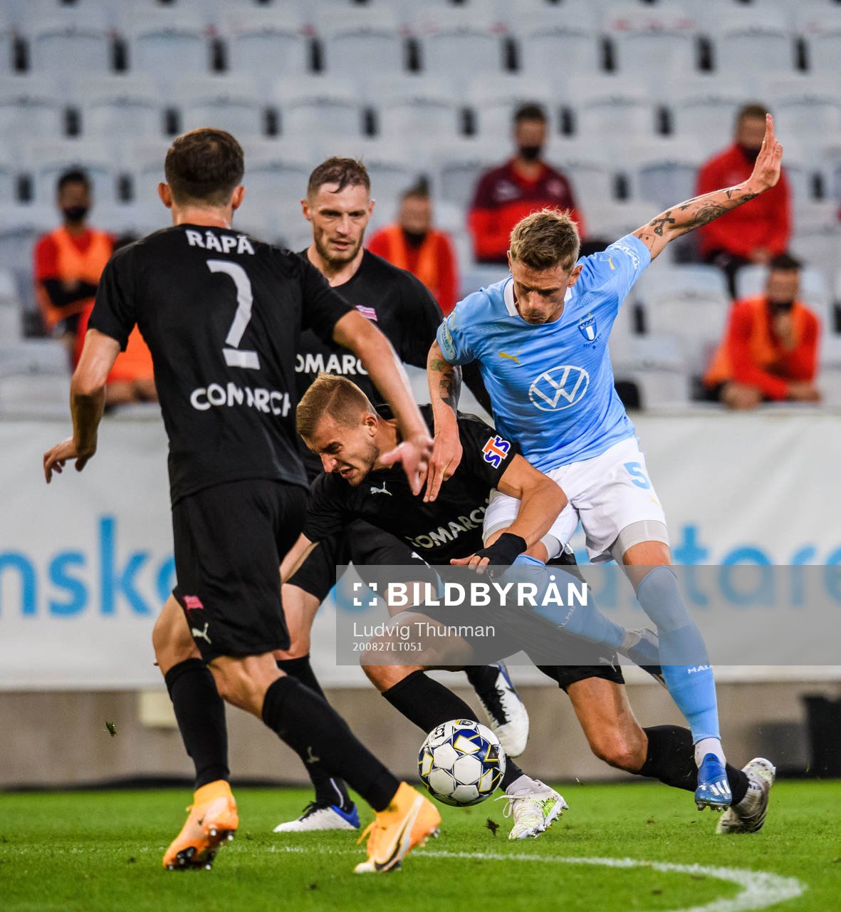 Sören Rieks of Malmö FF and Michal Helik of Cracovia during the UEFA Europa League qualifying match between Malmö FF and Cracovia Krakow on August 27, 2020 in Malmö.