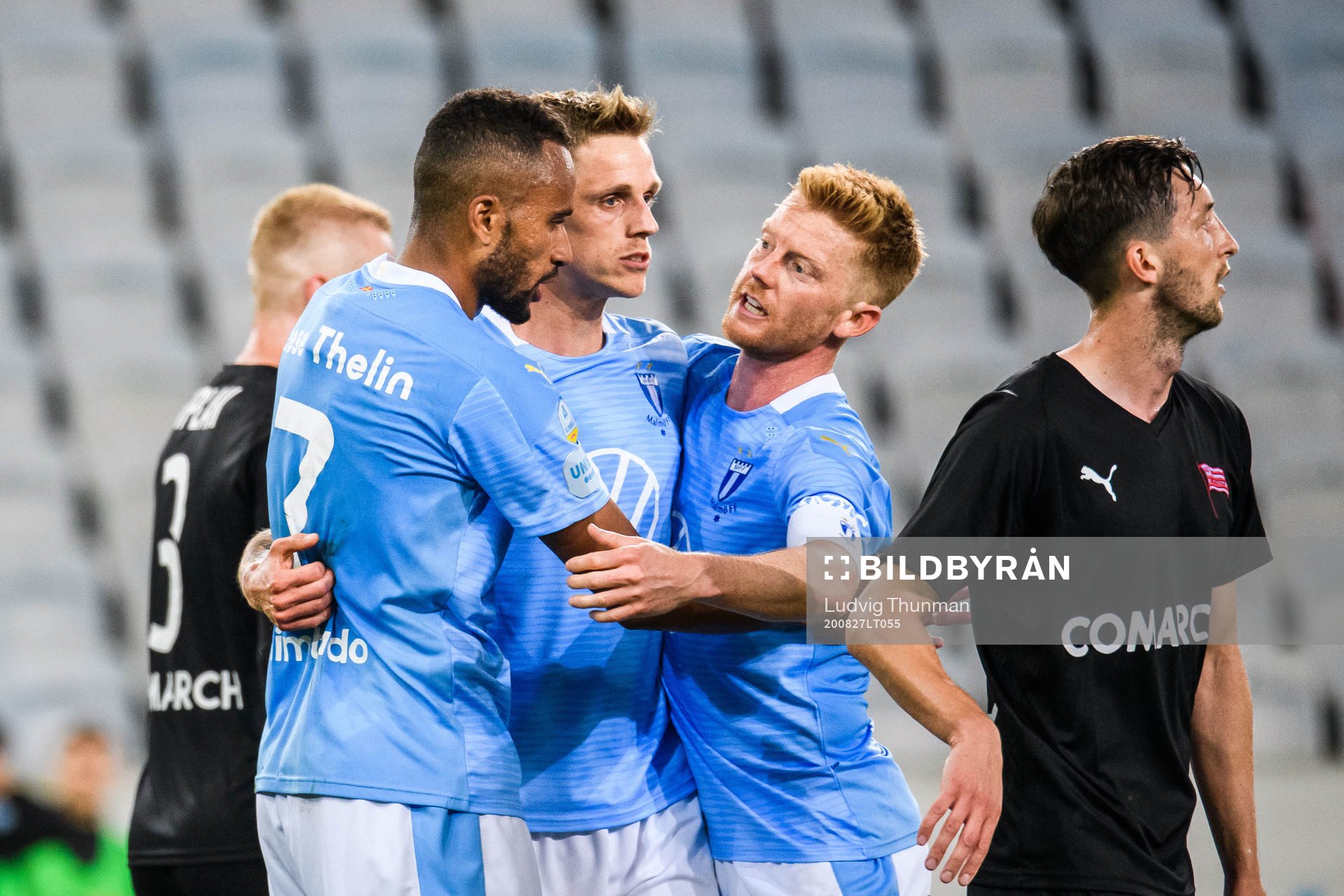 Sören Rieks celebrate with Isaac Kiese Thelin and Anders Christiansen of Malmö FF after 2-0 during the UEFA Europa League qualifying match between Malmö FF and Cracovia Krakow on August 27, 2020 in Malmö.