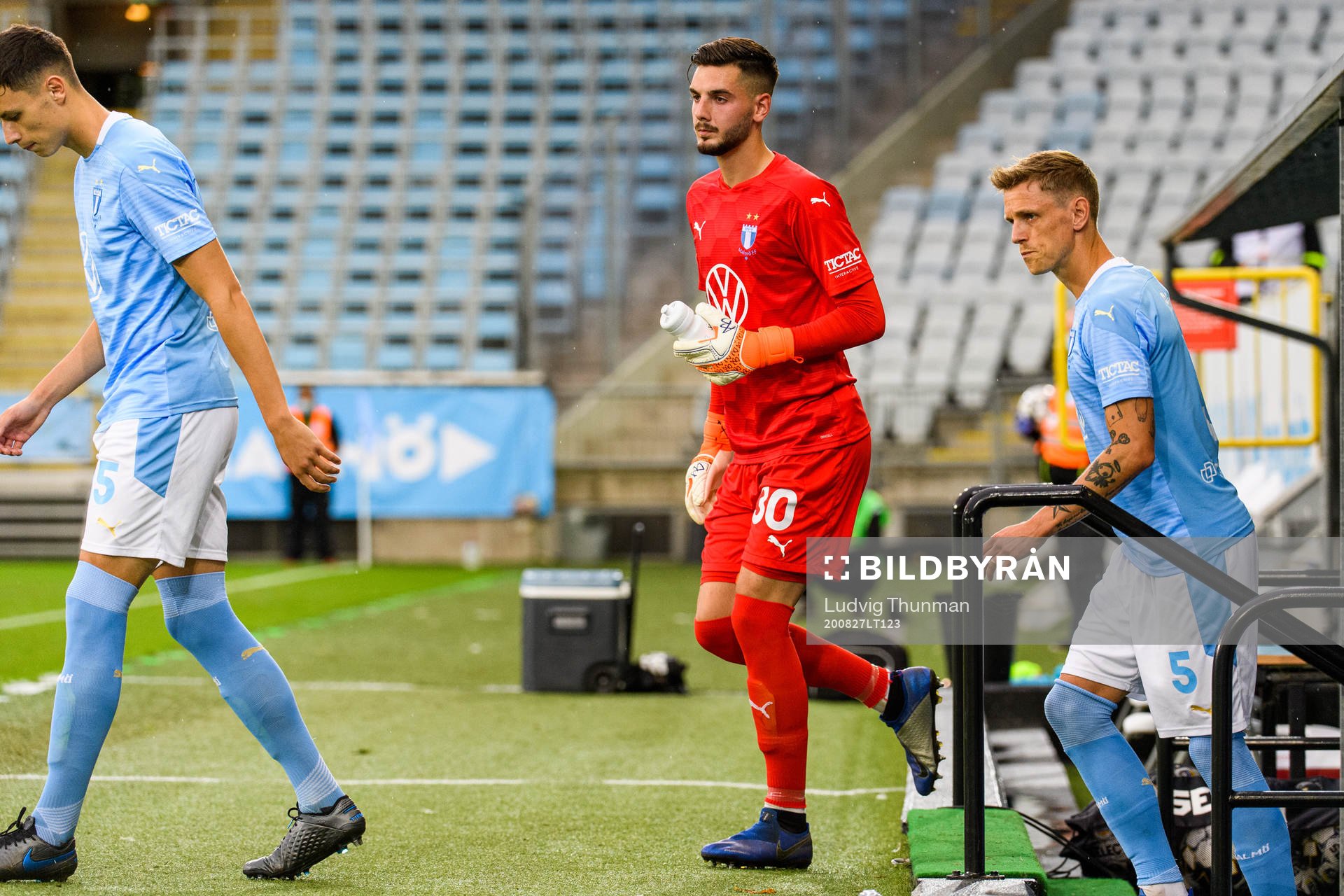 Goalkeeper Marko Johansson enters the pitch