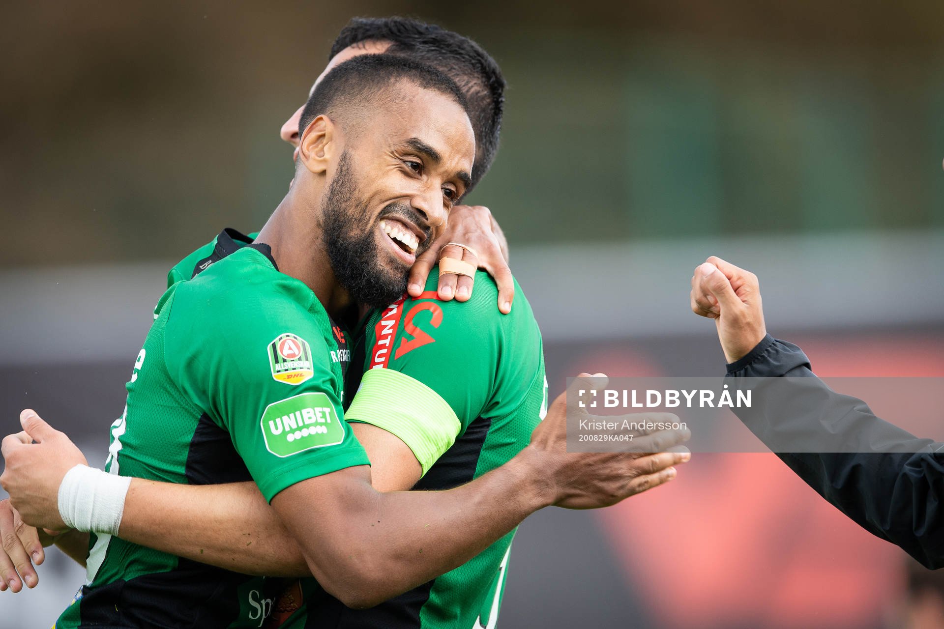 Varbergs Junes Barny jublar under fotbollsmatchen i Allsvenskan mellan Varberg och Sirius den 29 augusti 2020 i Varberg.