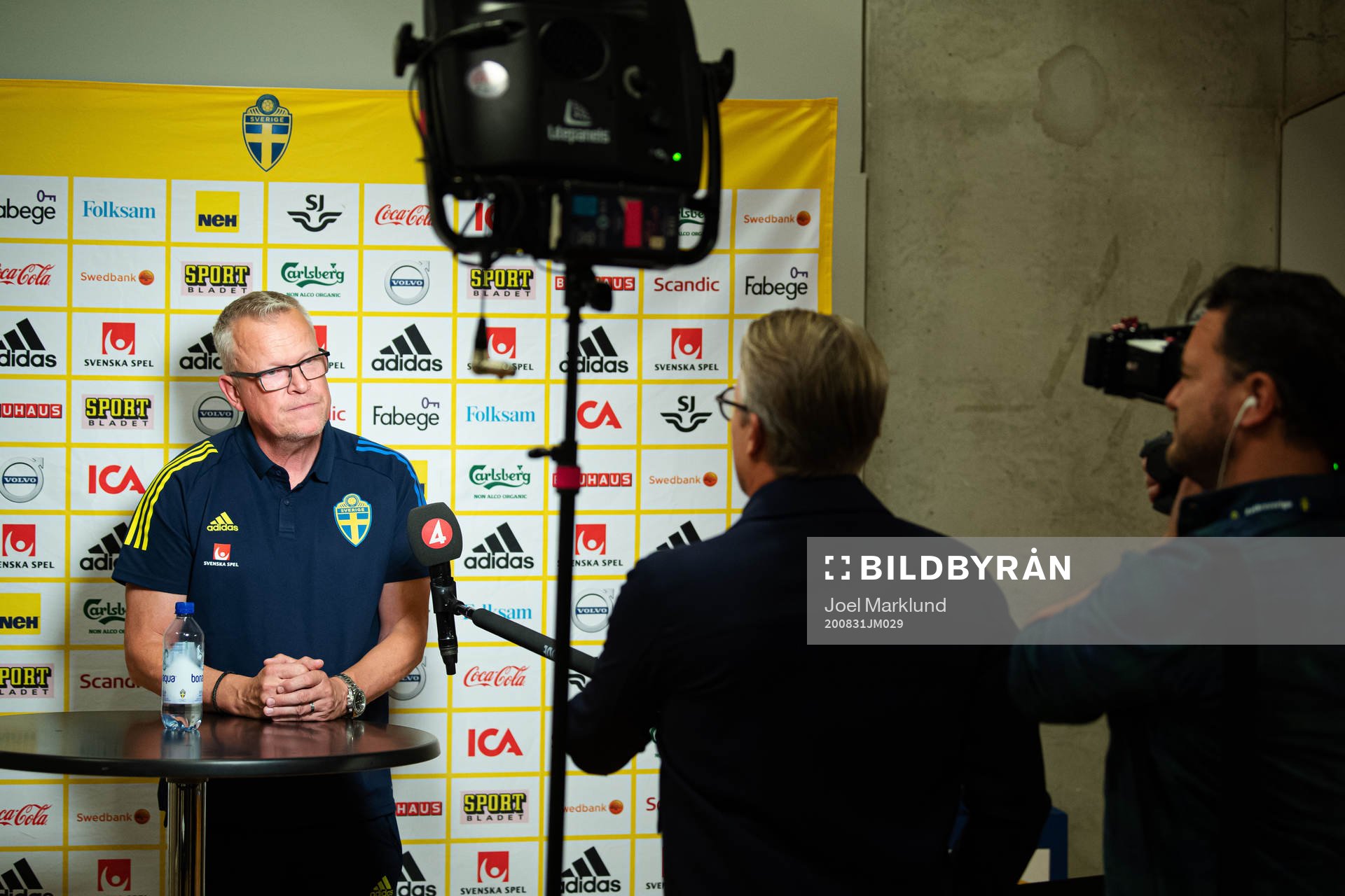 Head coach Janne Andersson of the Swedish national football team is being interviewed by TV4 during a press conference on August 31, 2020 in Stockholm.