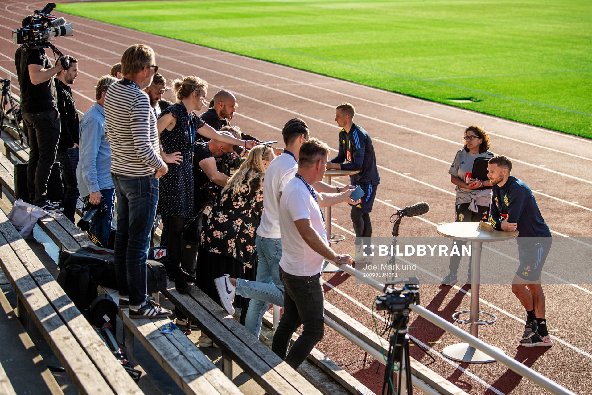 Goalkeeper Karl-Johan Johnsson and Marcus Berg of the Swedish national football team are being interviewed after a training session on September 1, 2020 in Stockholm.