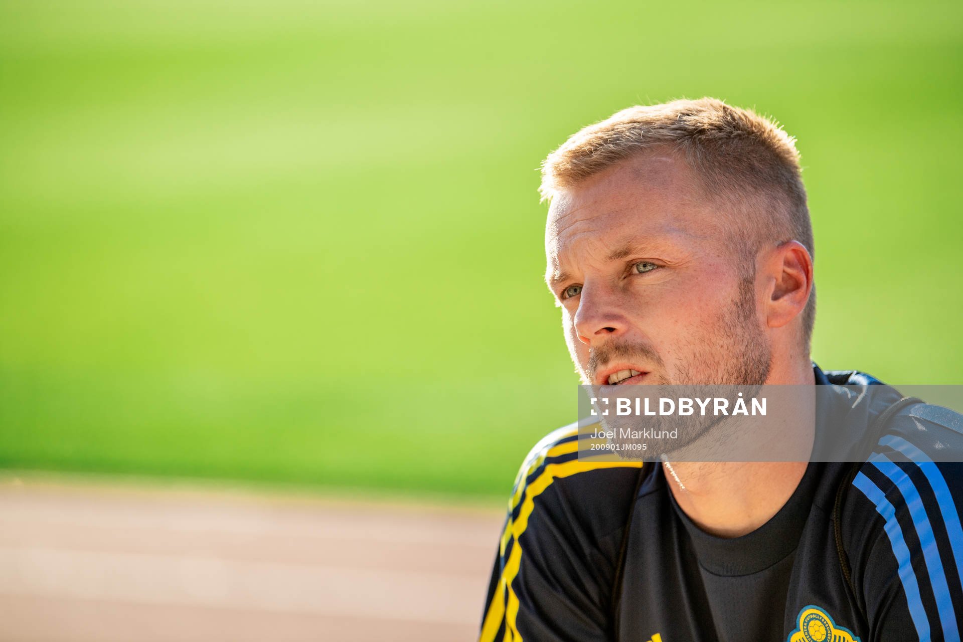 Sebastian Larsson of the Swedish national football team is being interviewed after a training session on September 1, 2020 in Stockholm.