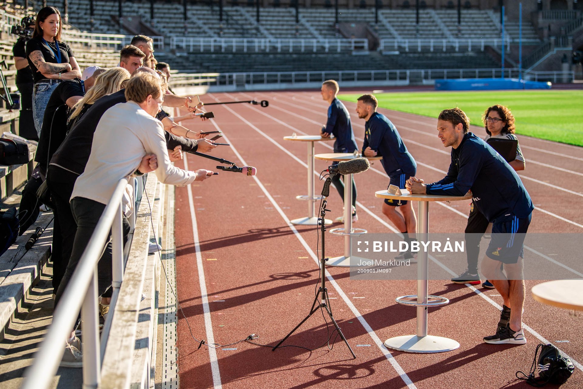 goalkeeper Karl-Johan Johnsson, Marcus Berg and Albin Ekdal of the Swedish national football team are being interviewed after a training session on September 1, 2020 in Stockholm.