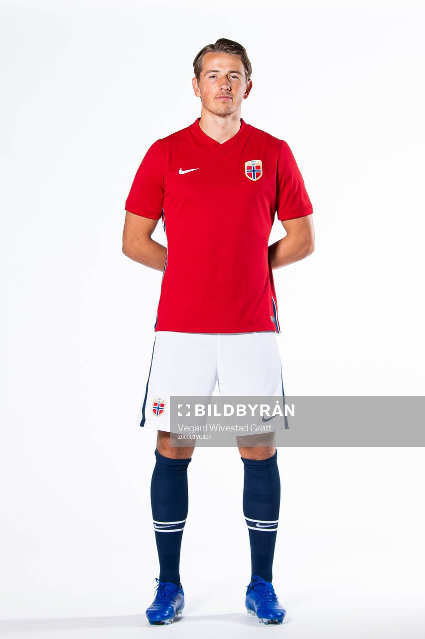 Sander Berge of the Norwegian national football team poses