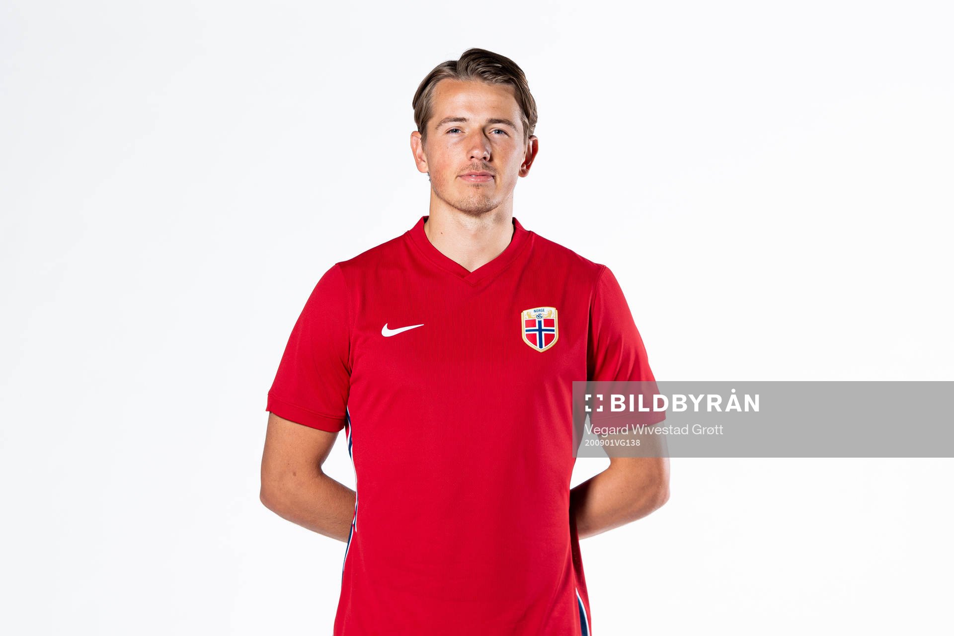Sander Berge of the Norwegian national football team poses