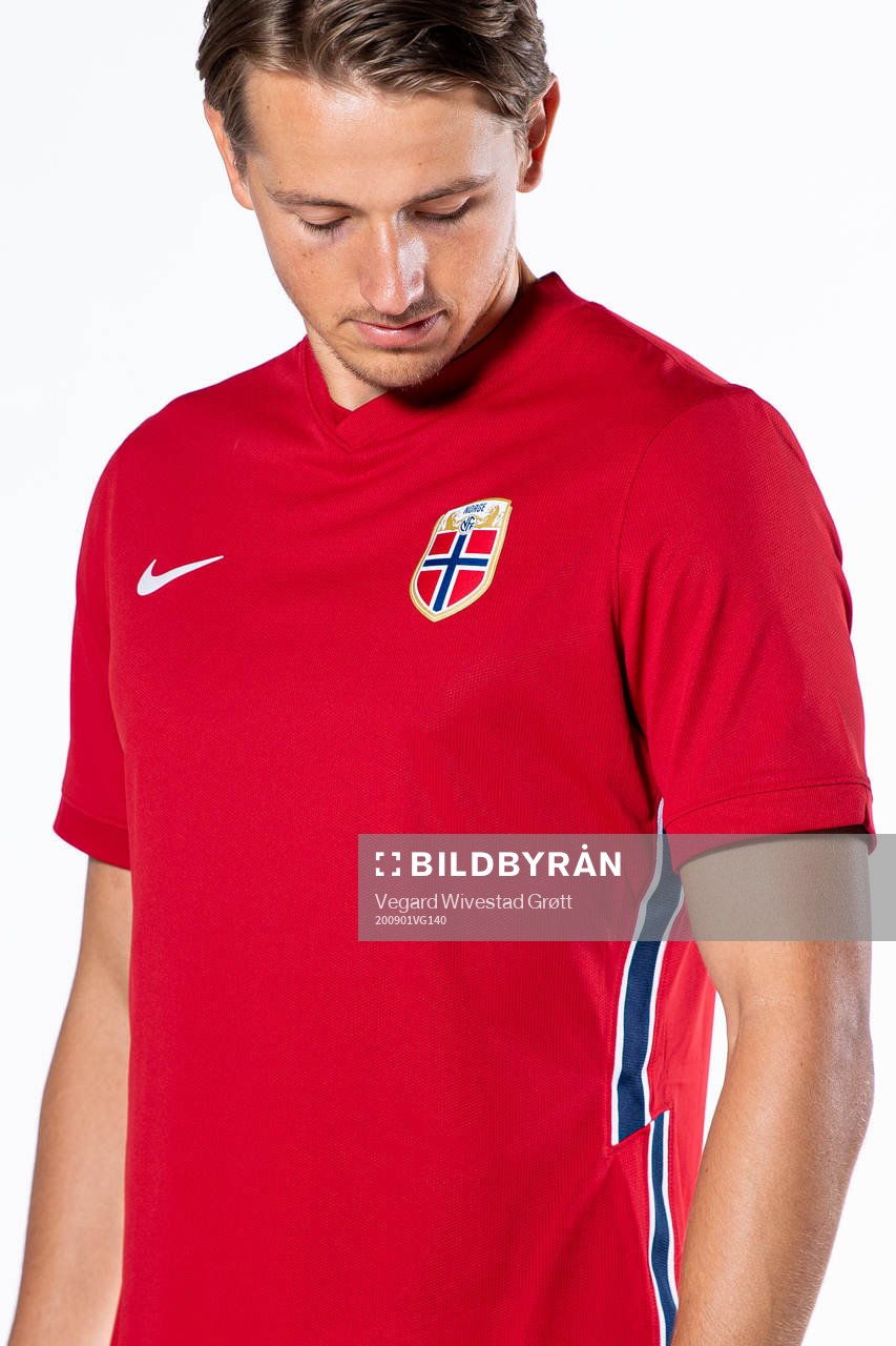 Sander Berge of the Norwegian national football team poses