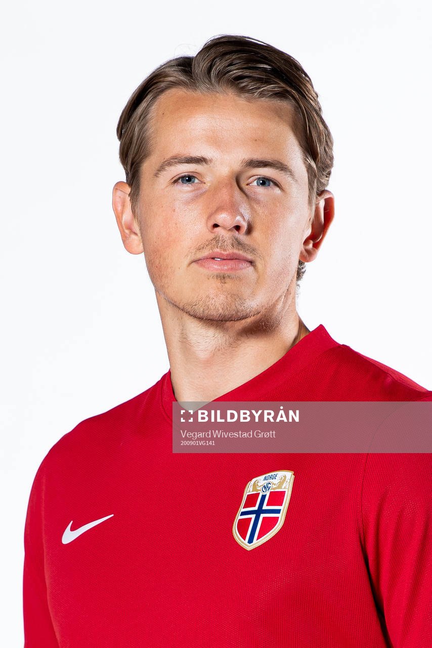 Sander Berge of the Norwegian national football team poses